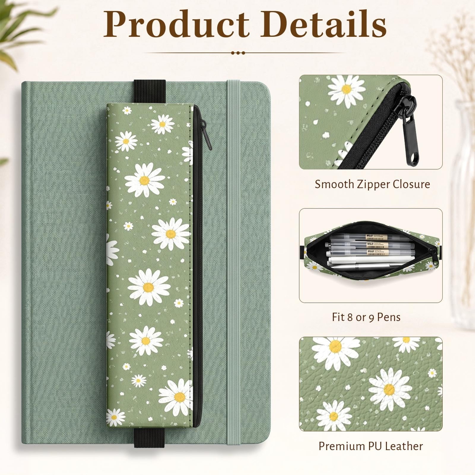 12 Pack Elastic Pen Holder for Notebook, Daisy Floral Boho, PU Leather Book P…