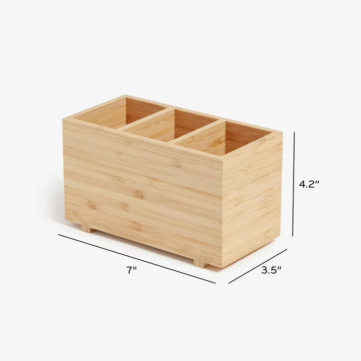 U Brands Zen Bamboo Desktop Organizer 3 Compartment Wood Pen Pencil Holder Tray