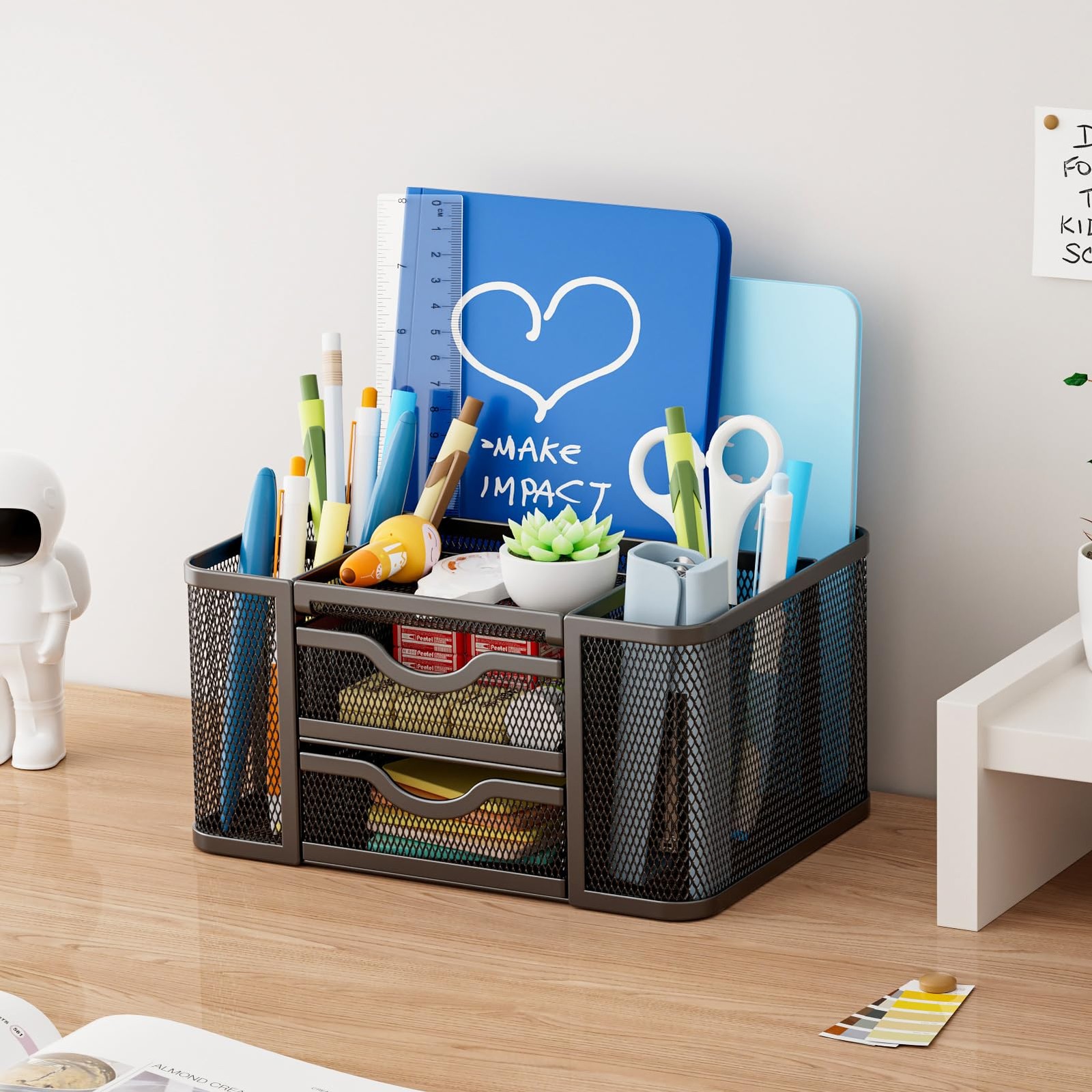 Marbrasse Mesh Desk Organizer, Pen Organizer with 2 Drawer, Black