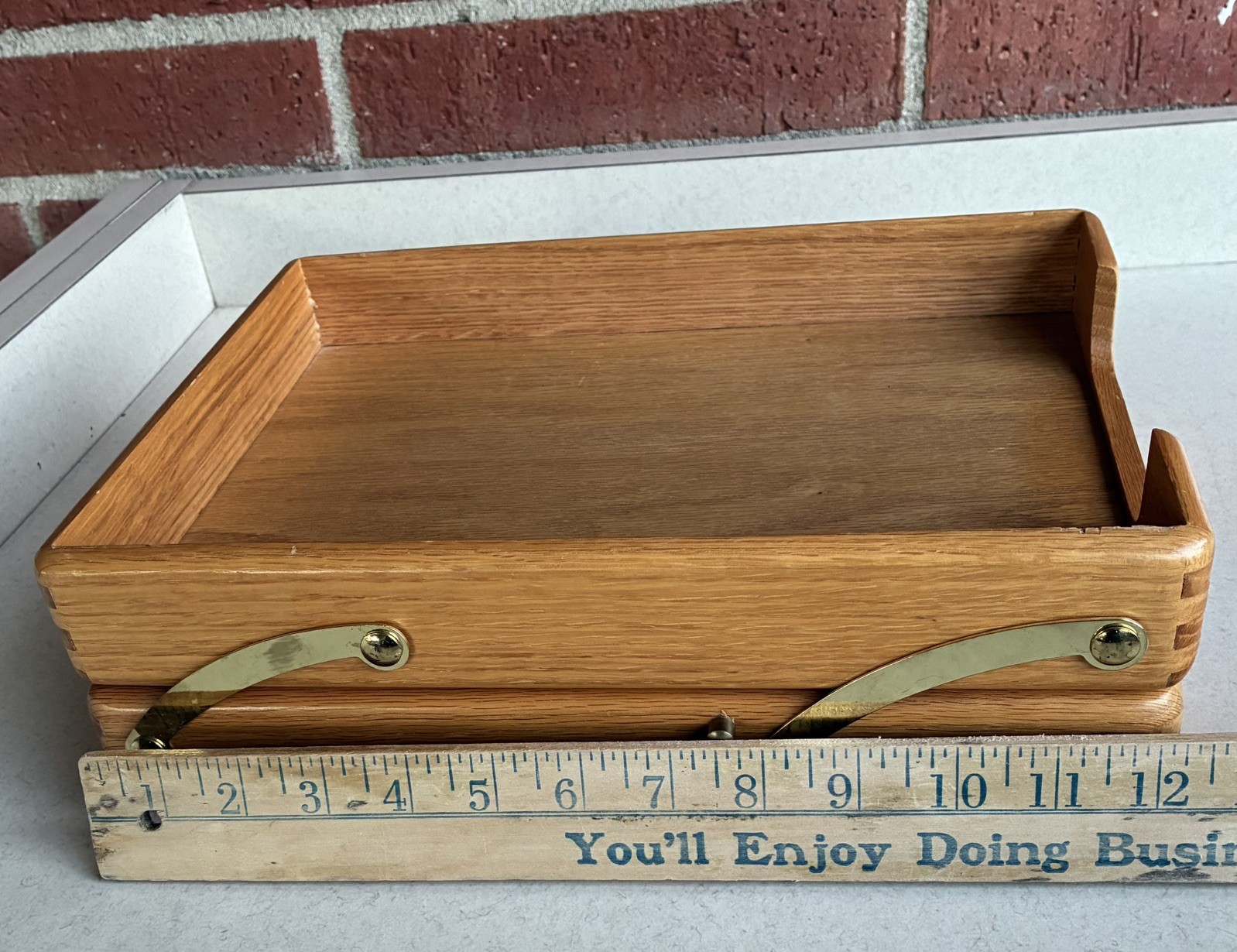 VTG 2 Tier Wood Brass Desk Document Organizer Letter Tray In/Out Box Dovetails