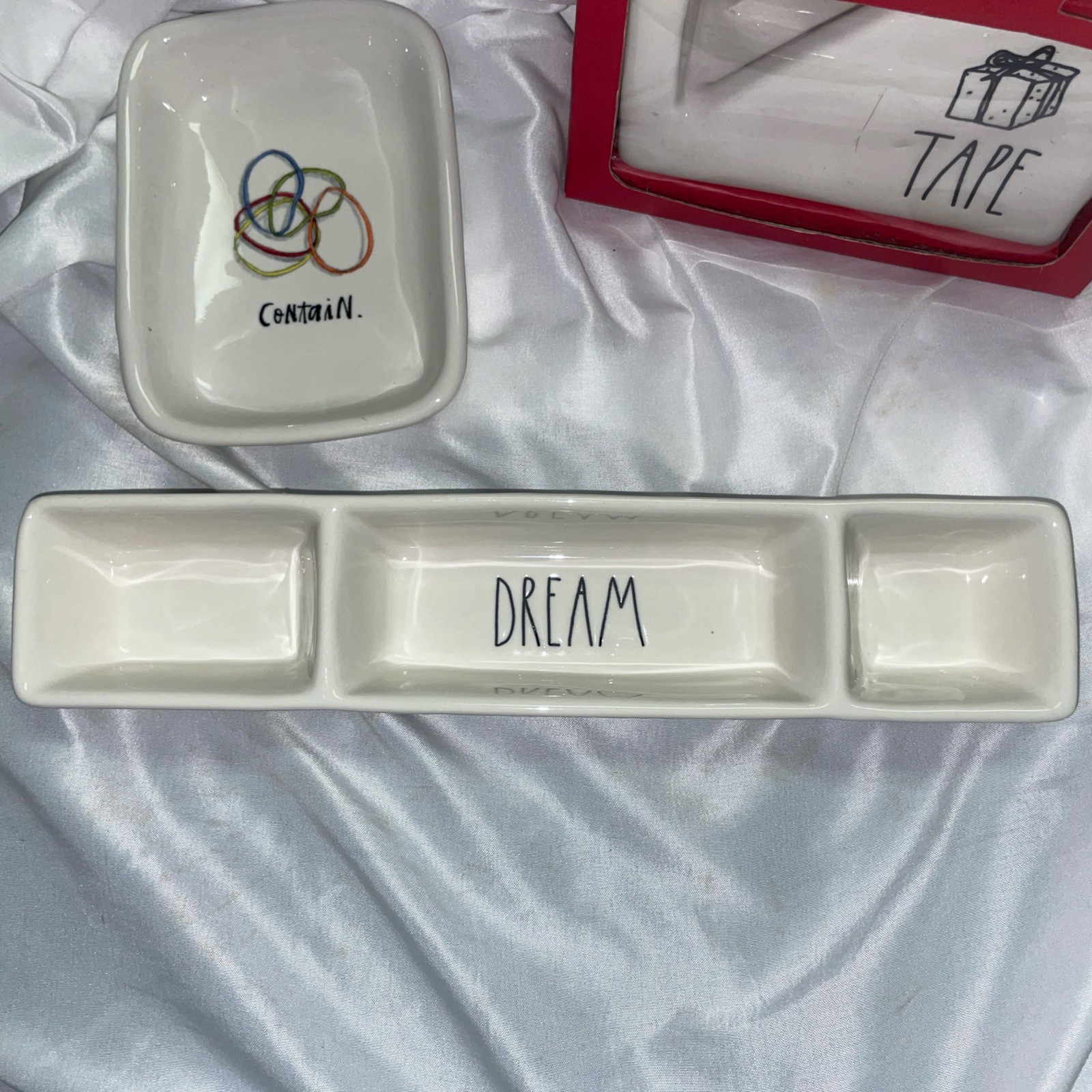Rae Dunn TAPE Dispenser Rubber Band Tray And Paperclip Tack Tray Office Lot Rare