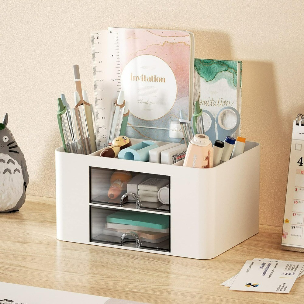 Pen Organizer with 2 Drawers Multi Functional Desk Pencil Holder Office Art