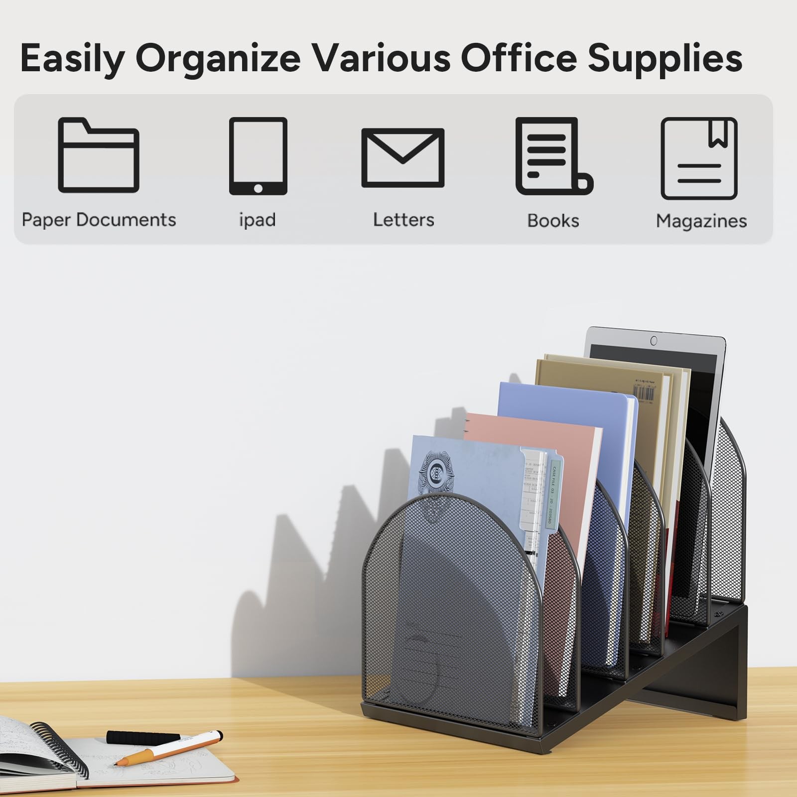 5 Section Desk File Organizer Metal Mesh Folder Holder Documents Mail Paper