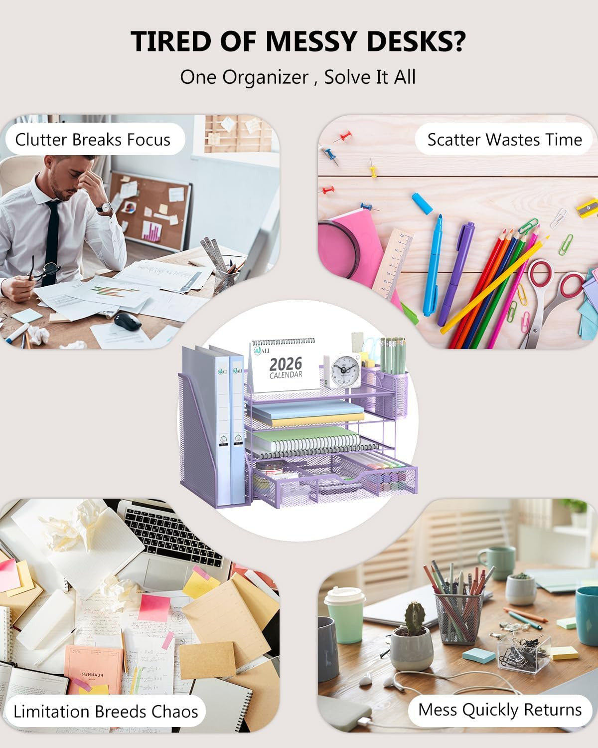WALI Desk File Organizer, 4 Tier Desktop Paper Letter Tray Organizer with Drawer
