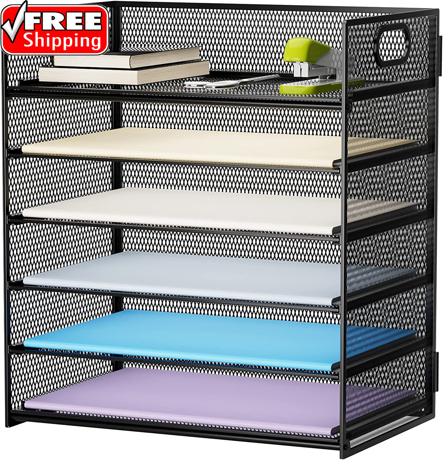 6 Tier Paper Organizer Letter Tray – Mesh Desk File Organizer with Handle, Paper