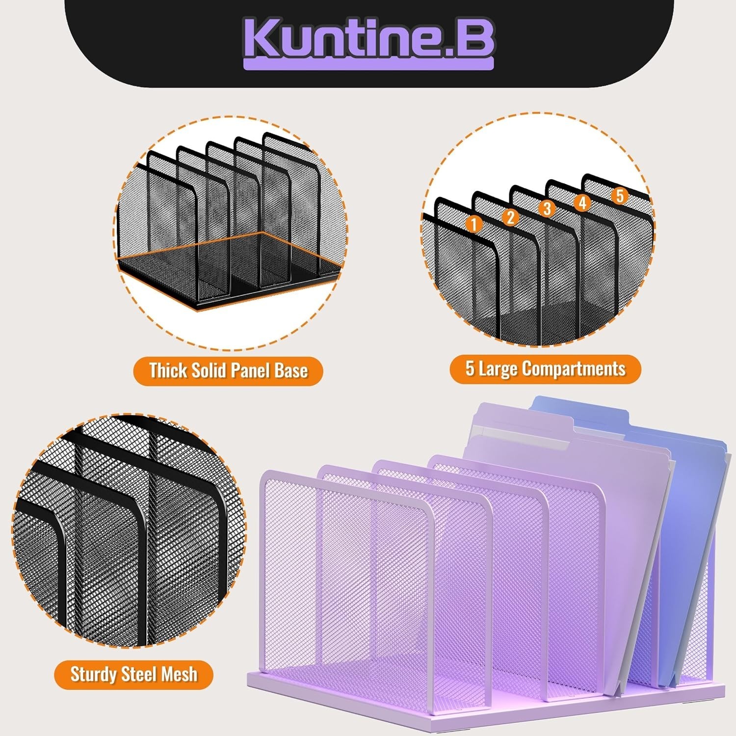 New Kuntine.B Desk File Organizer Holder for Home Office Purple 1 Pack 5-Section