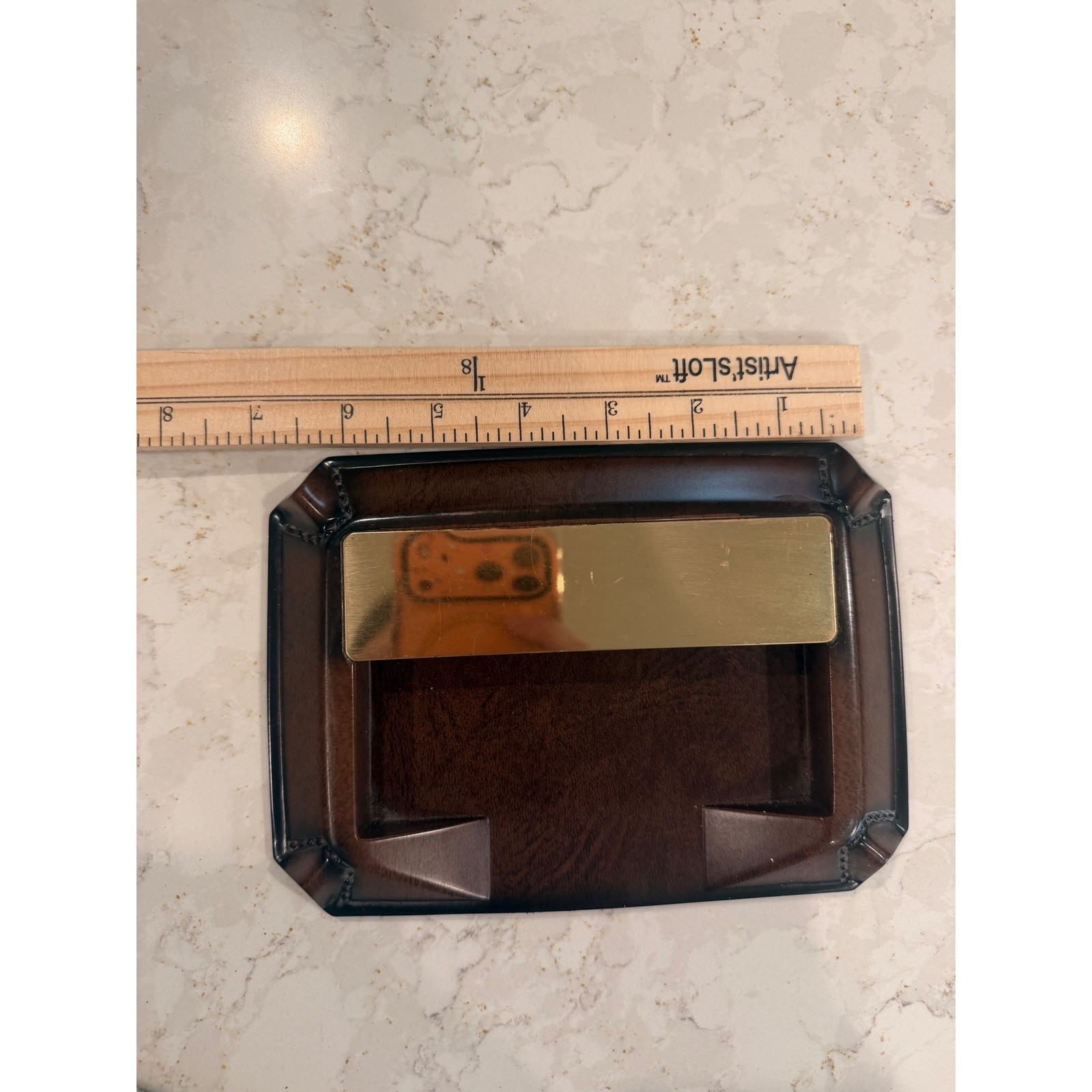 Vintage Brown Faux Leather Memo Pad Holder Brass MCM Desk Organizer Office Decor