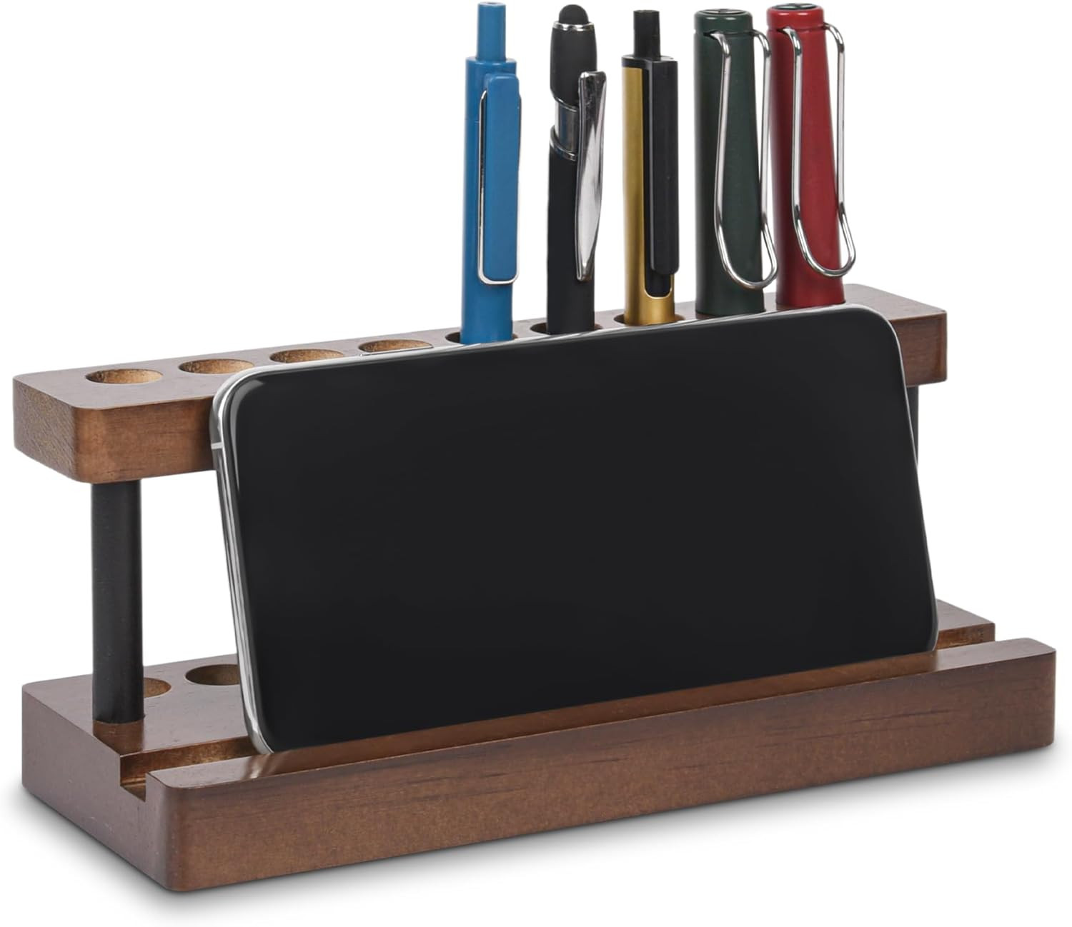 Wooden Desk Pen Holder Organizer 9 Slot Pencil Stand Phone Storage Rack Office