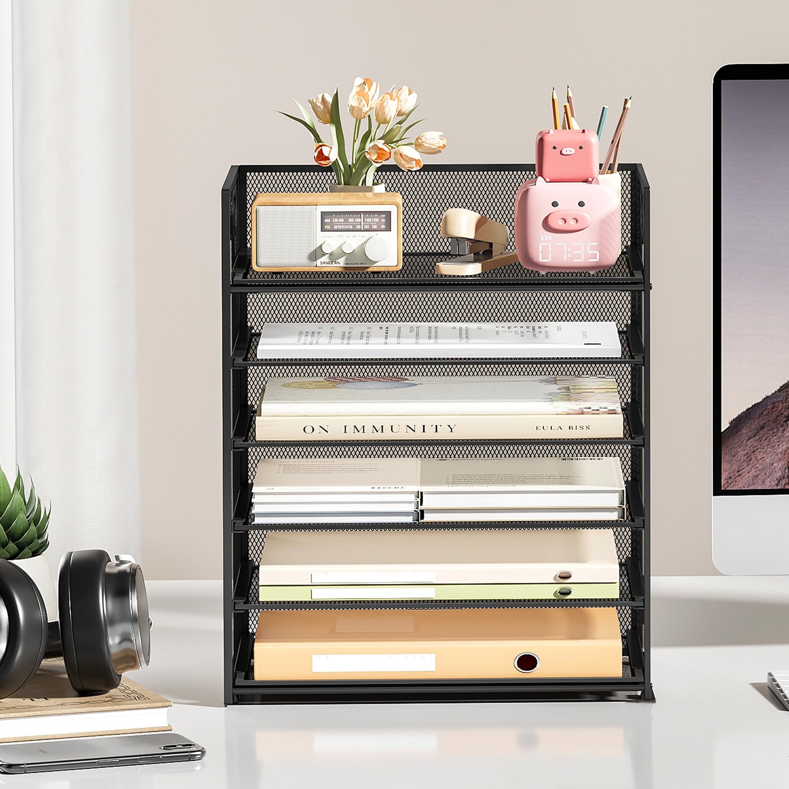 6 Tier Paper File Tray Organizer for Desk, Black Mesh Desk Letter Paper File …