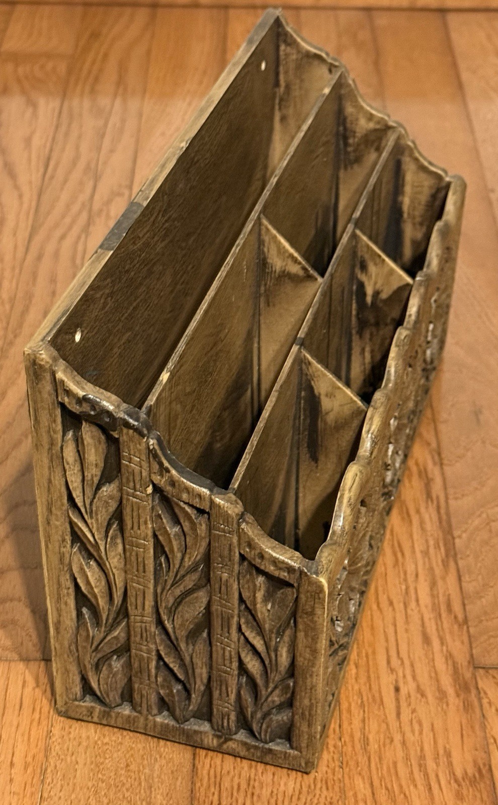Vintage Lerner Desk Organizer Sorter Caddy Faux Carved Wood Mail Bills Utensils