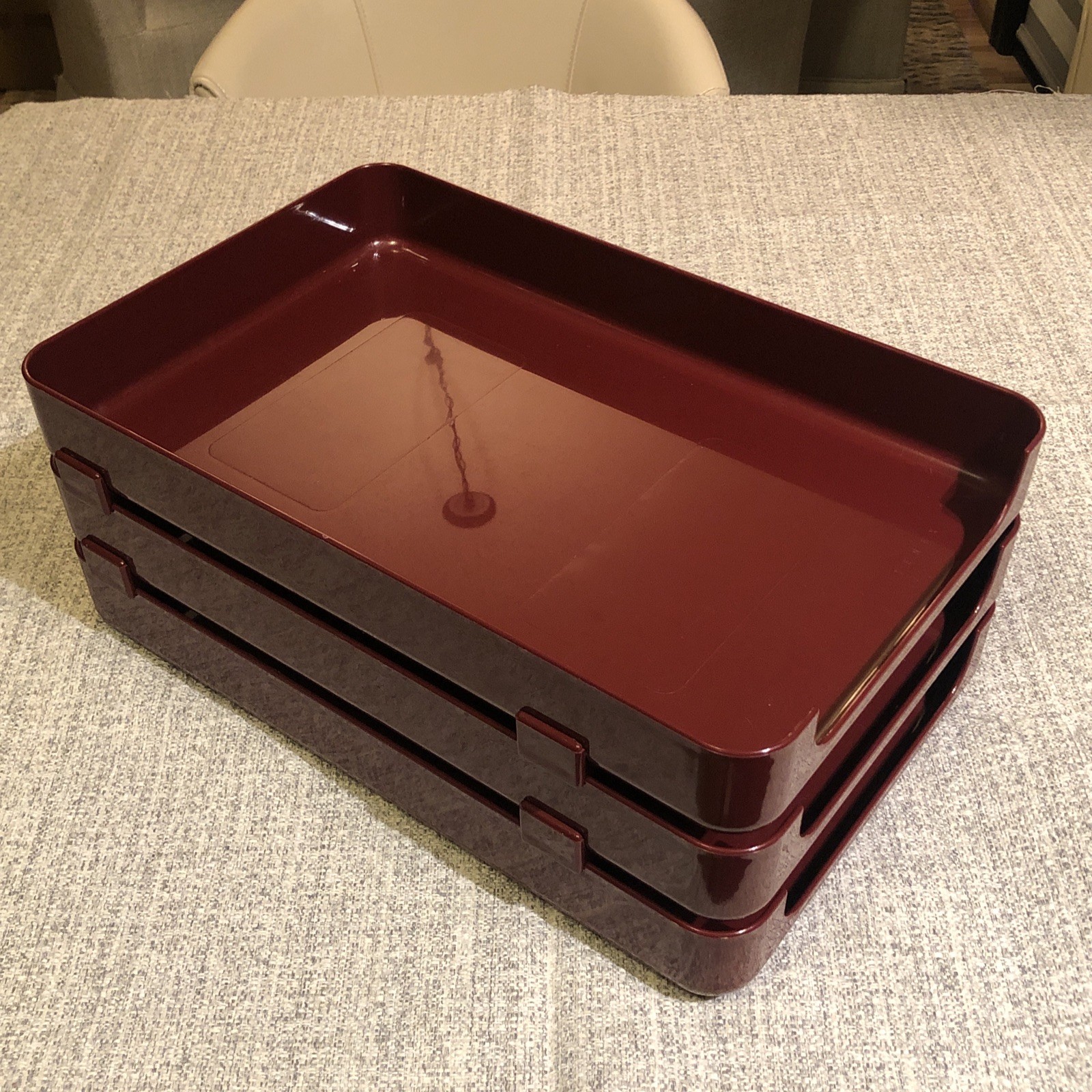 VTG 80s TENEX 200 Class Stacking Legal Size 3 Tier Office Desk Tray Set Burgundy