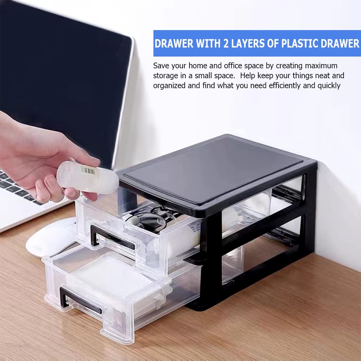 2 Tier Plastic Drawer Organizer Storage Box for Desk, Size 1, black