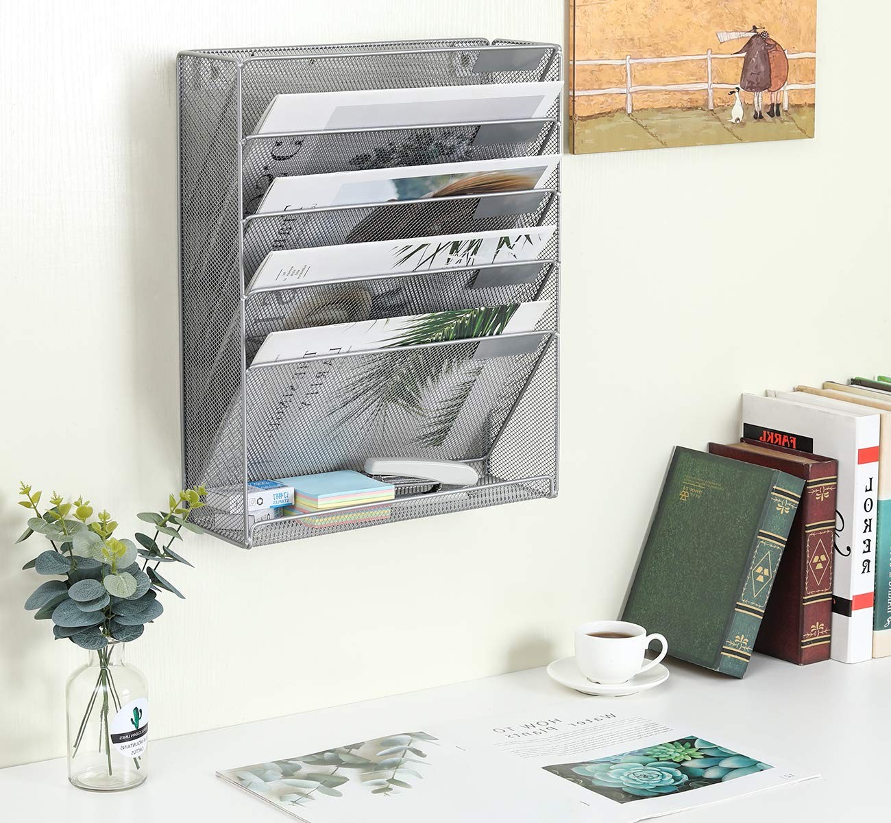 EasyPAG 5 Tier Wall File Holder, Mesh Hanging Folder Organizer with Pink