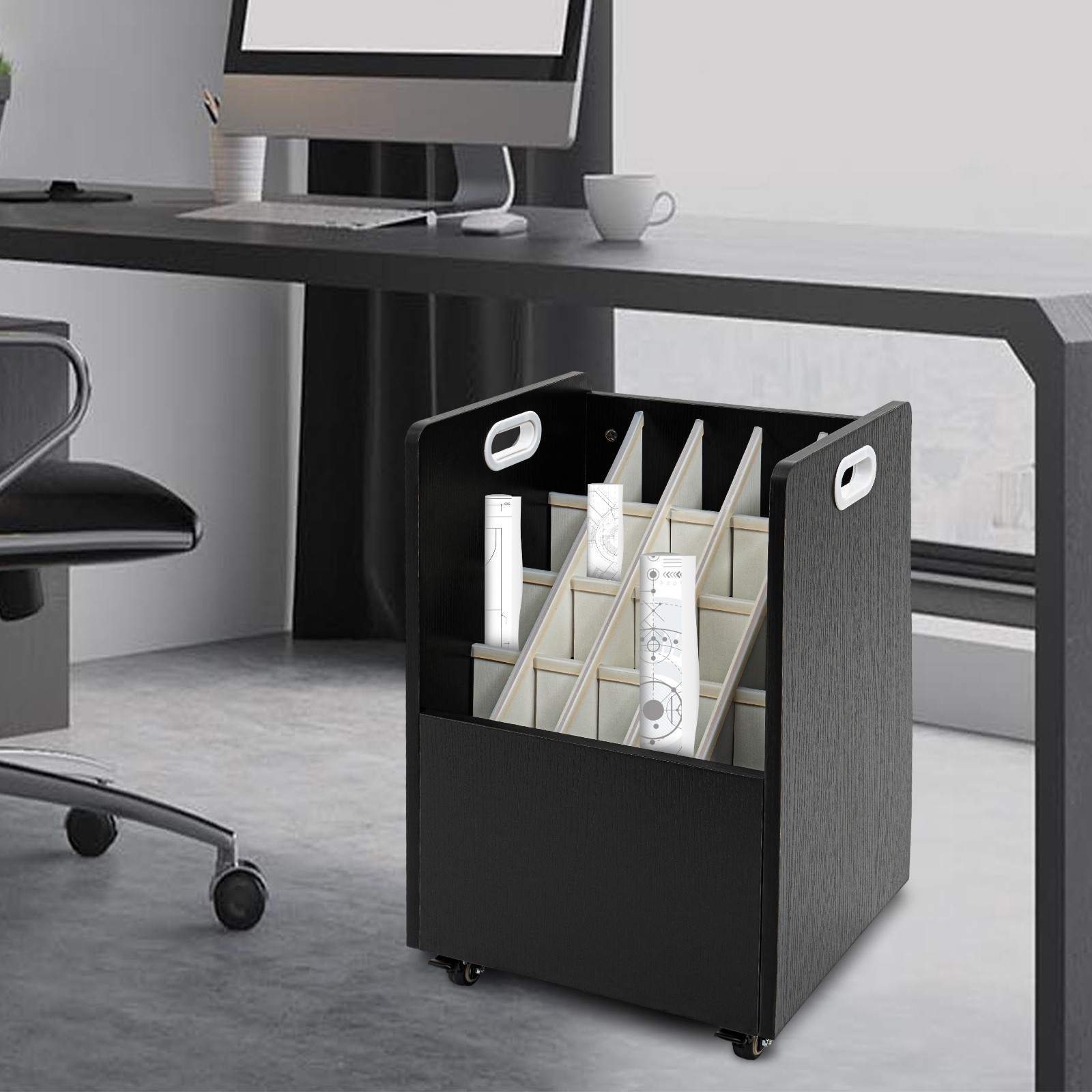 20-Slot Mobile Rolling Blueprint Roll File Cart Modern Document Organizer Black