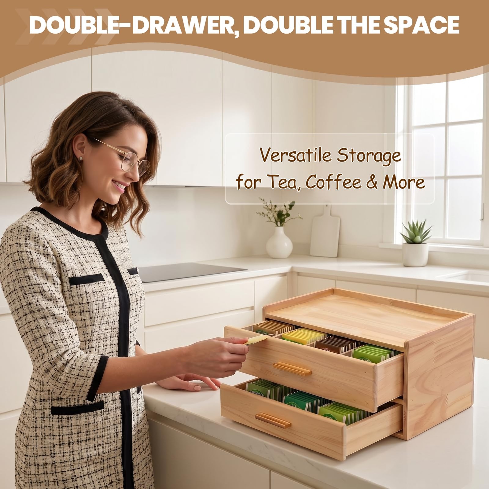 MEKOTRIN Wooden Tea Box Organizer, Double-Drawer #312, Natural Wood Color