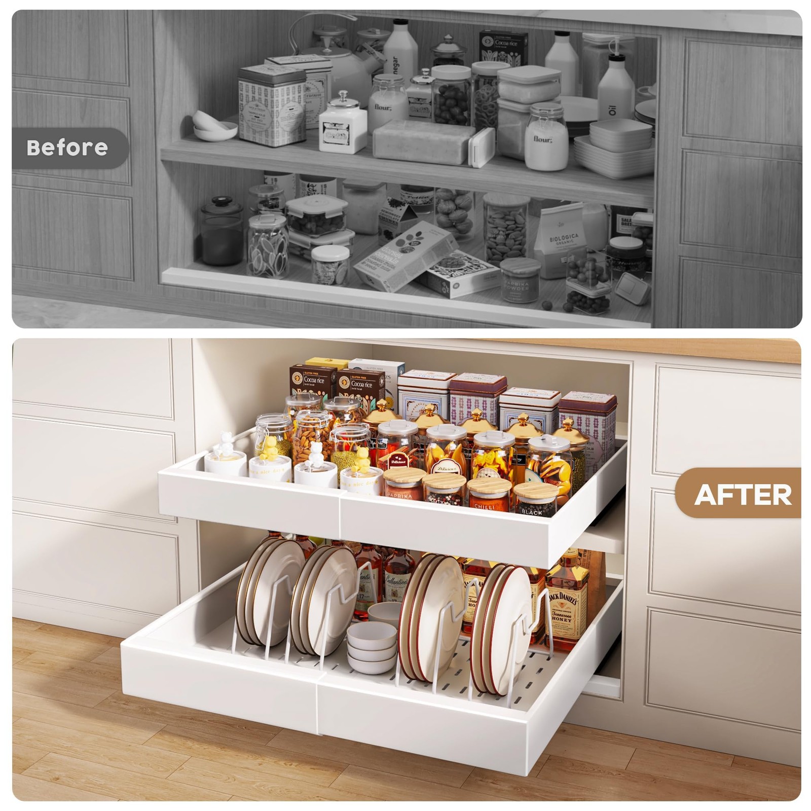 2Pack Pull out Cabinet Organizer 12.1″-20.4″W x 21″D(2Pack), White