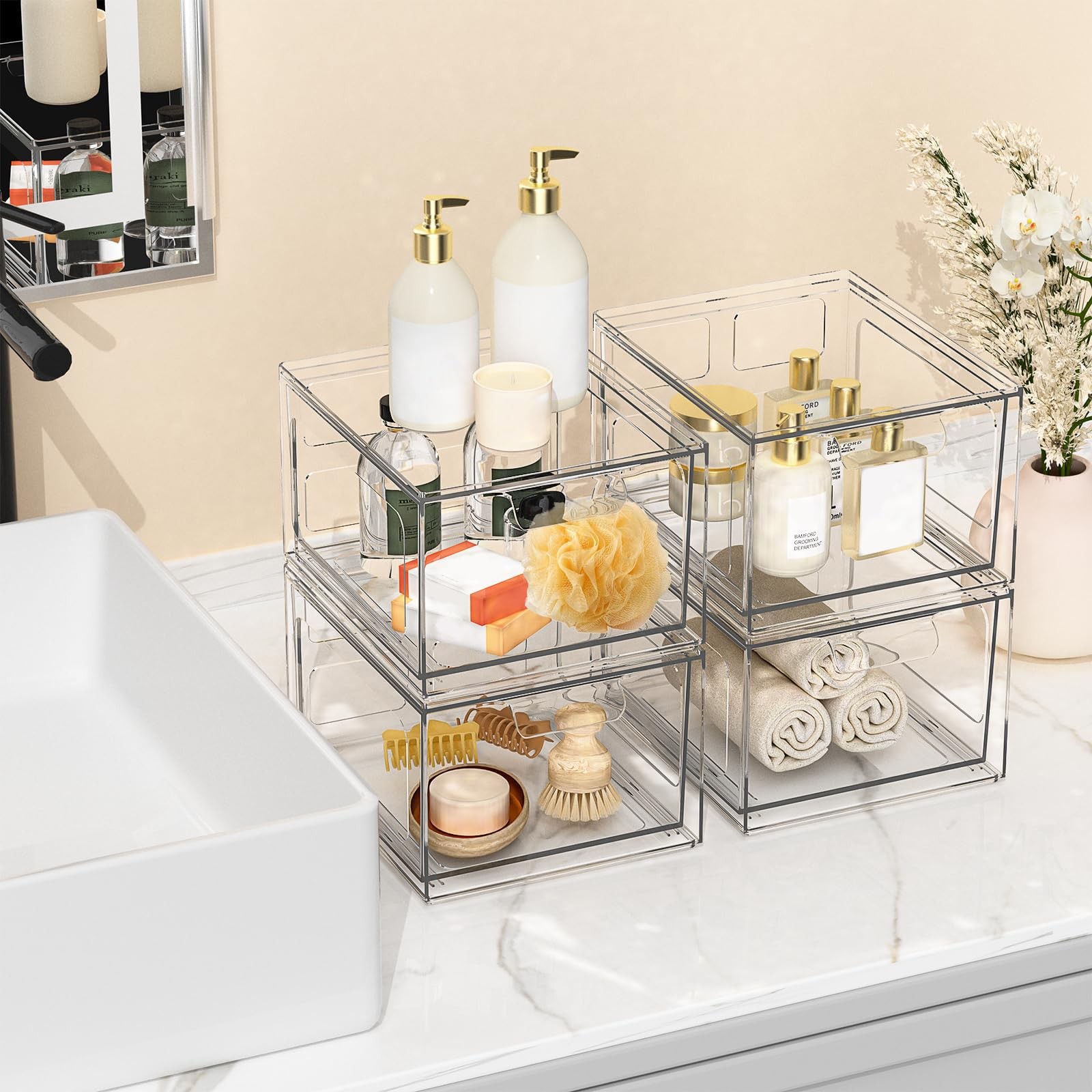 SpaceHacks 2 Pack Stackable Plastic Makeup Organizer Drawers, Acrylic Clear