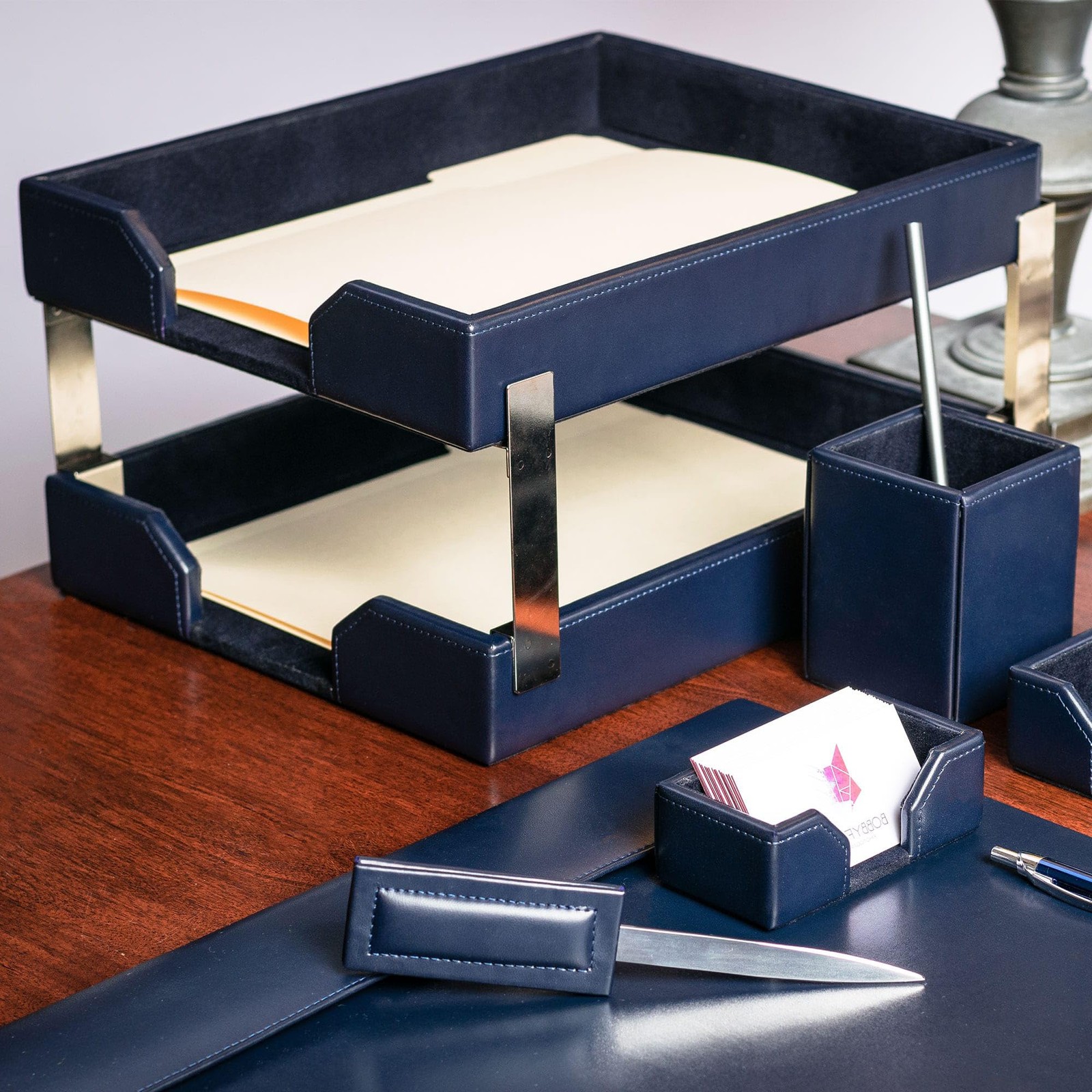 Navy Blue Bonded Leather Front-Load Double Letter Tray Set w/Silver Stacking …