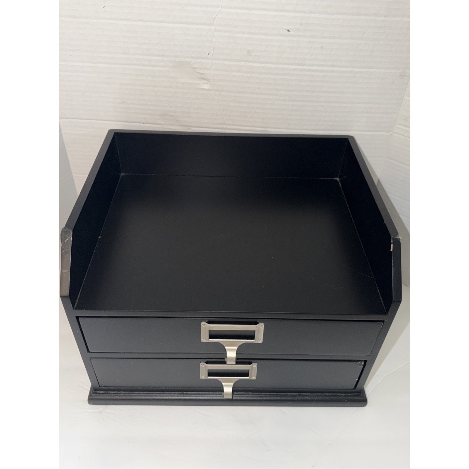 Pottery Barn Black Wood Desk Organizer 2 Drawer Apothecary Office Storage Box