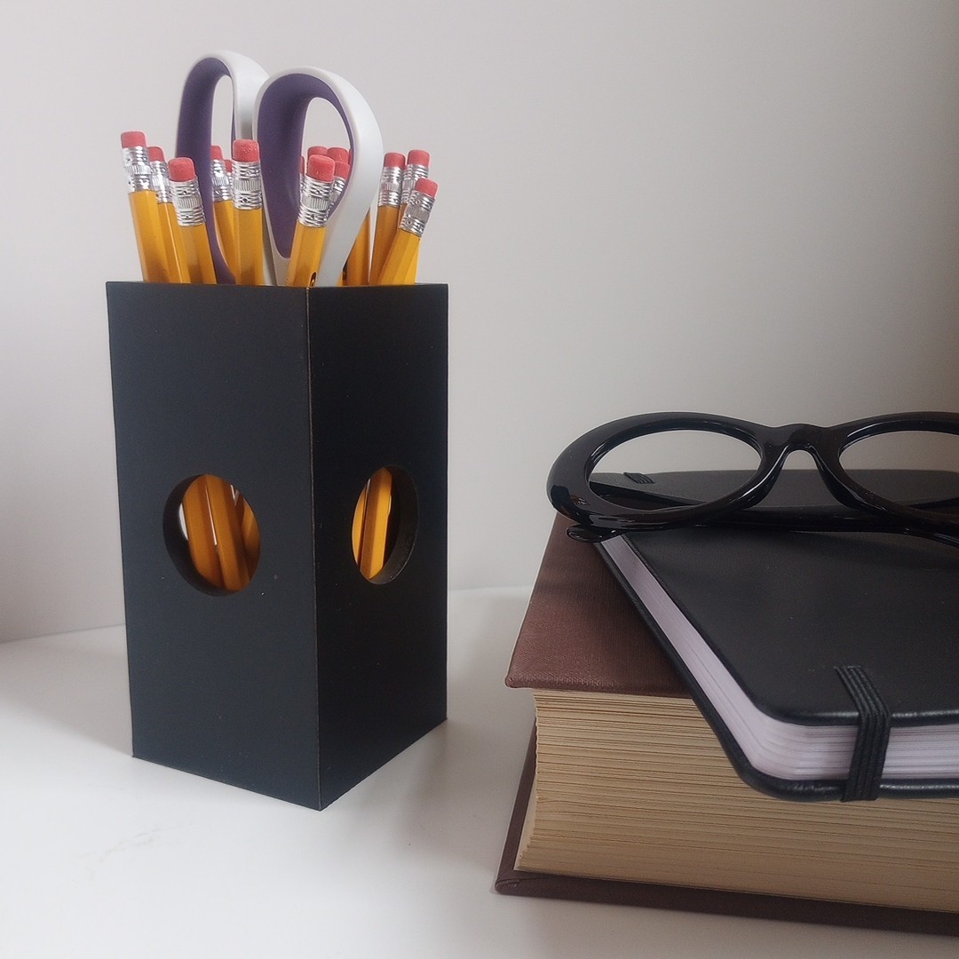 Modern Executive Black Wood Desk Organizer Geometric Minimalist Pen Holder 6″H