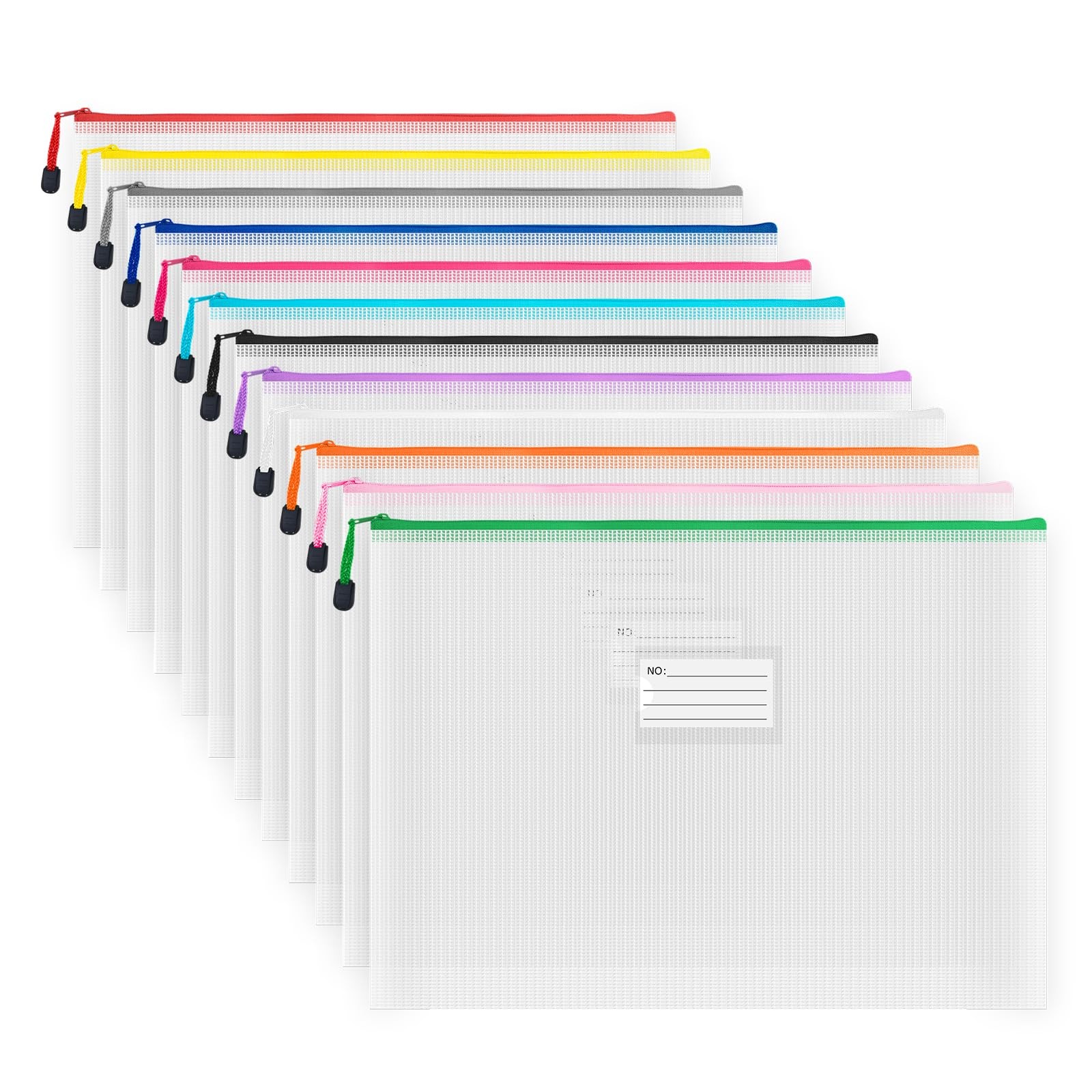 Plastic Mesh Zipper Pouch, 12Pcs Zipper File Bags with Label Pocket, A3 Size …