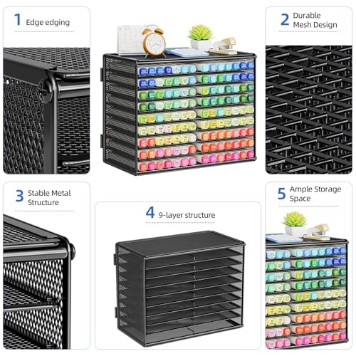 Marbrasse 9 Tier Metal Mesh Marker Organizer, Large Capacity Desk Storage Rack H