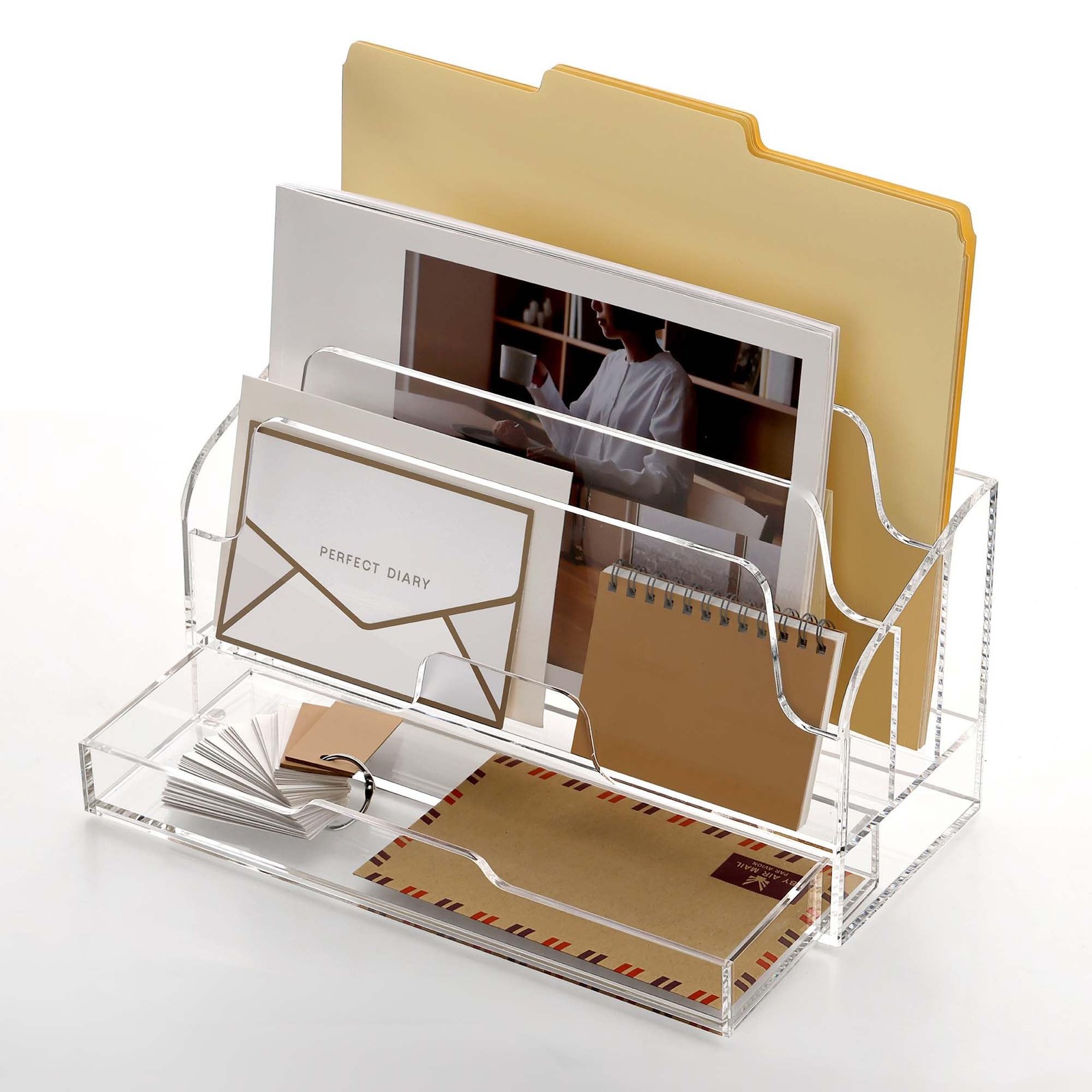 YUXUN Acrylic Mail Organizer for Desk – Transparent 3-Compartment