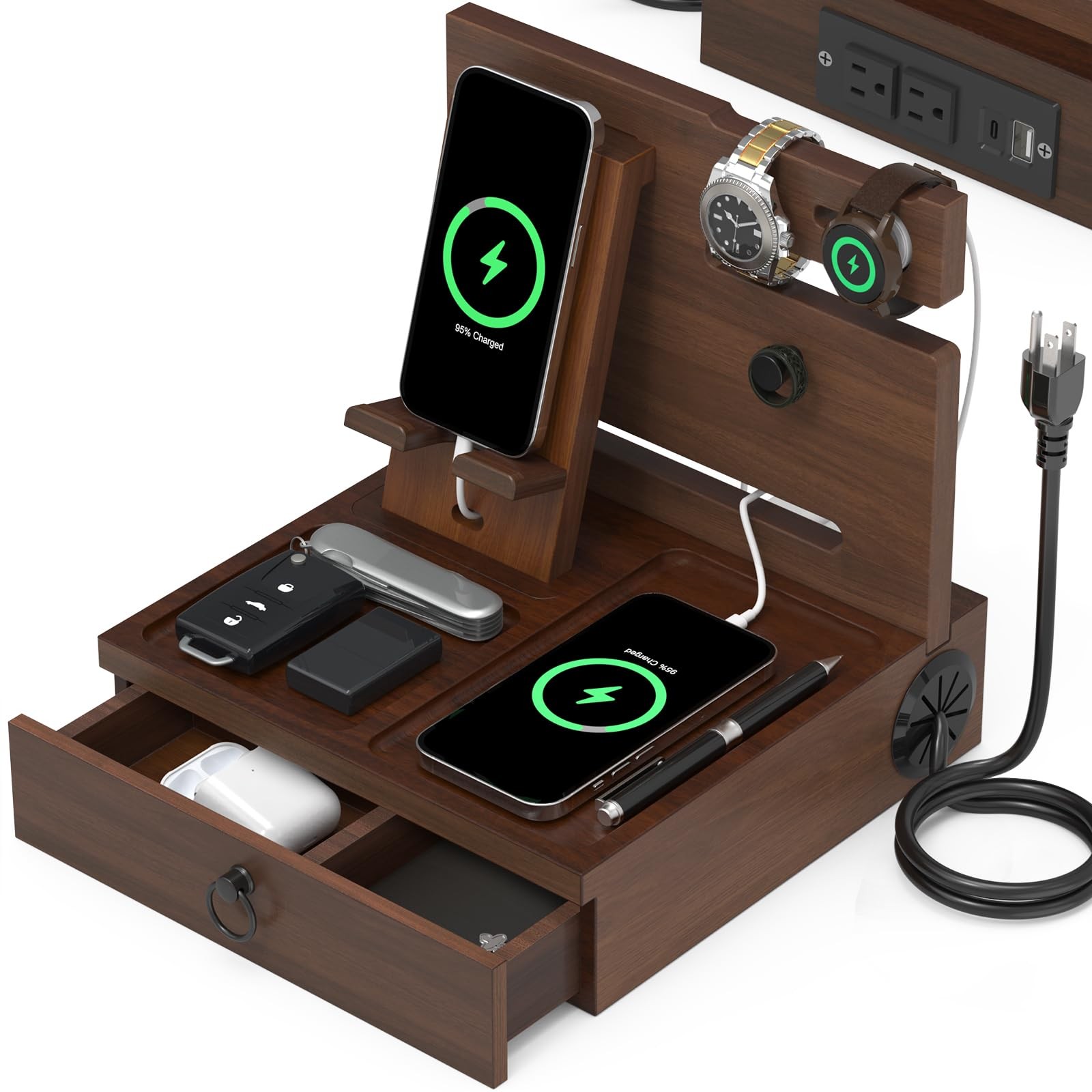 Wood Phone Docking Station with USB With charging station, Elegant Walnut