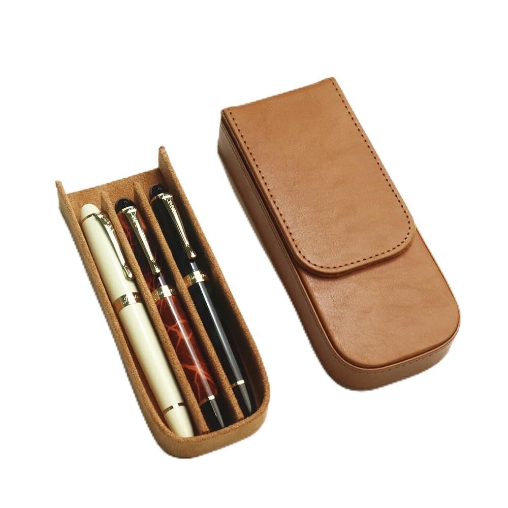 MIVLXLX Brown Leather Triple Pen Case for Fountain, Ballpoint, Rollerball Pens