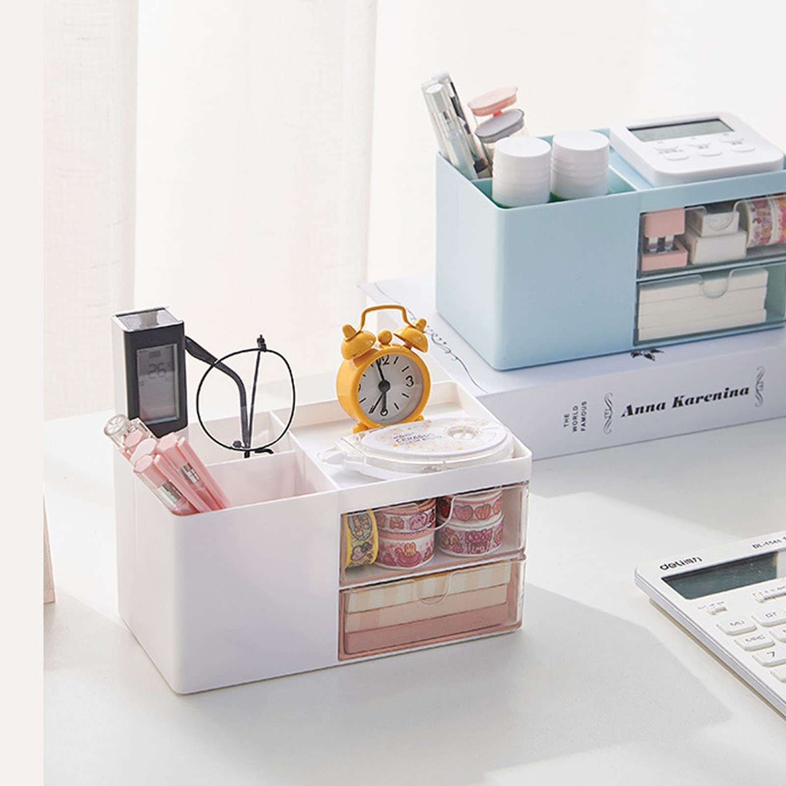 Zyners Small Desk Organizer with Pen Holder and Drawer, Plastic White