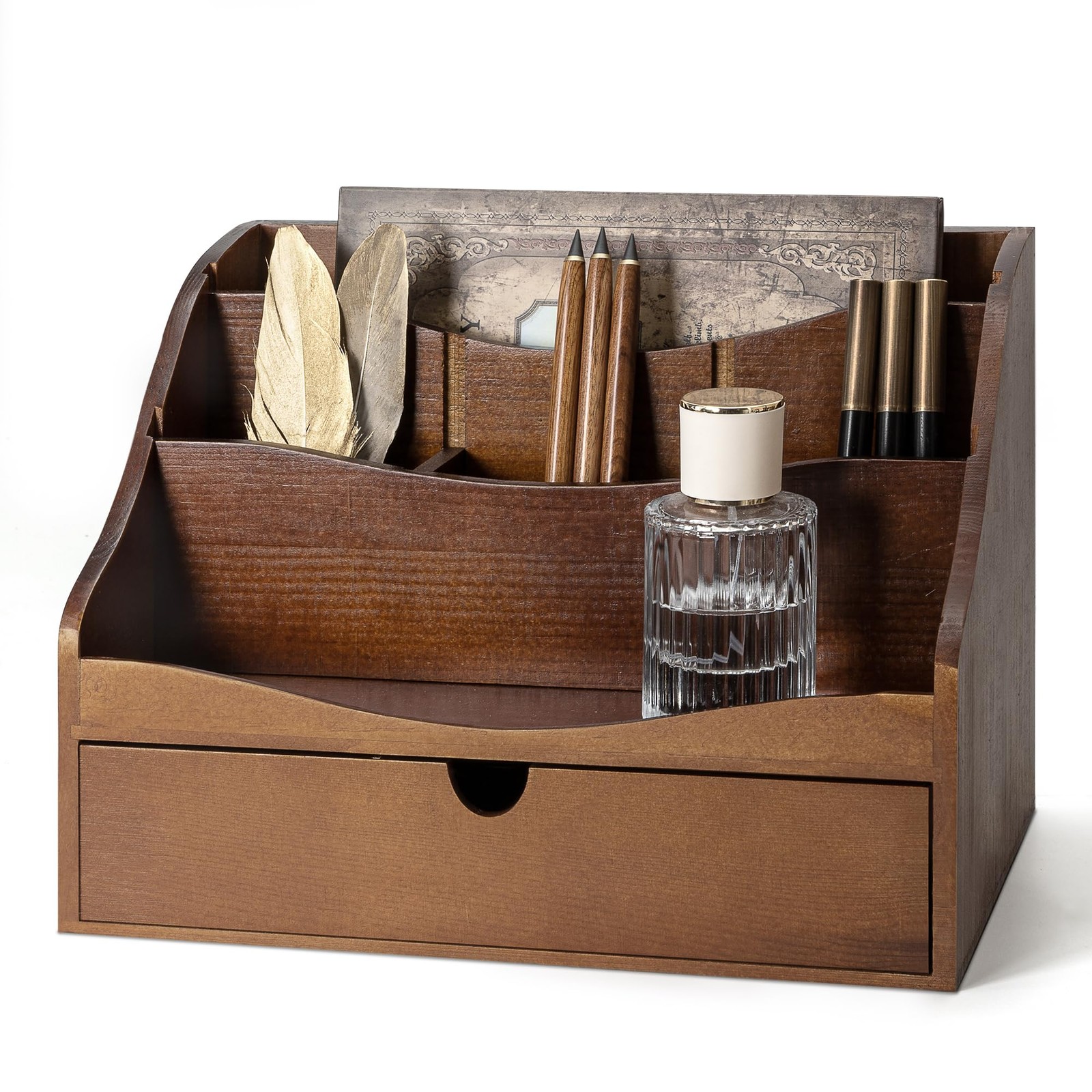 Pine Wood Mail Organizer for Desk – Retro Farmhouse Mail Holder with Drawer &…