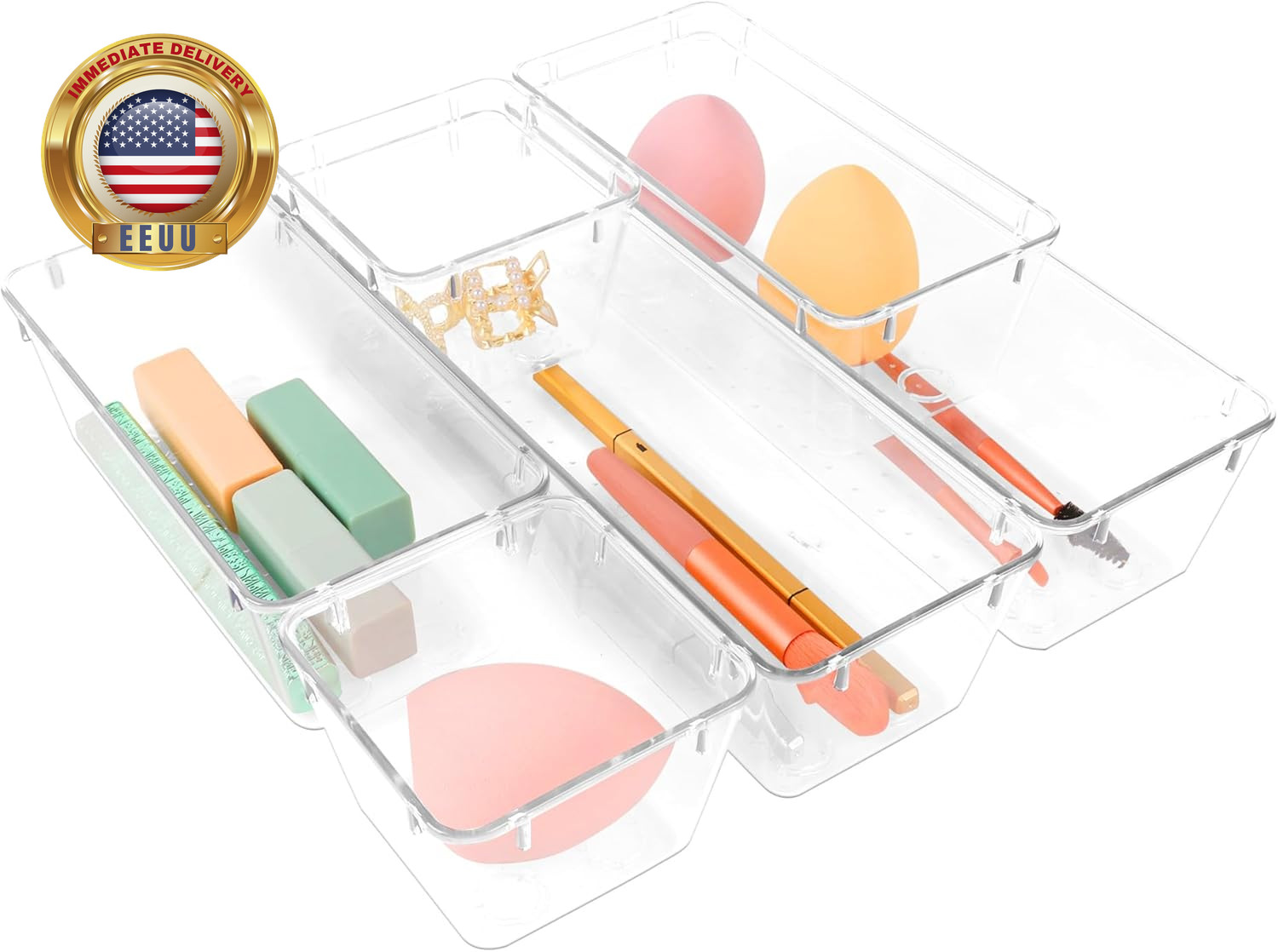 6 Pack Clear Drawer Organizer Set,Office Bin Desk Storage,Desk Drawer Storage Tr