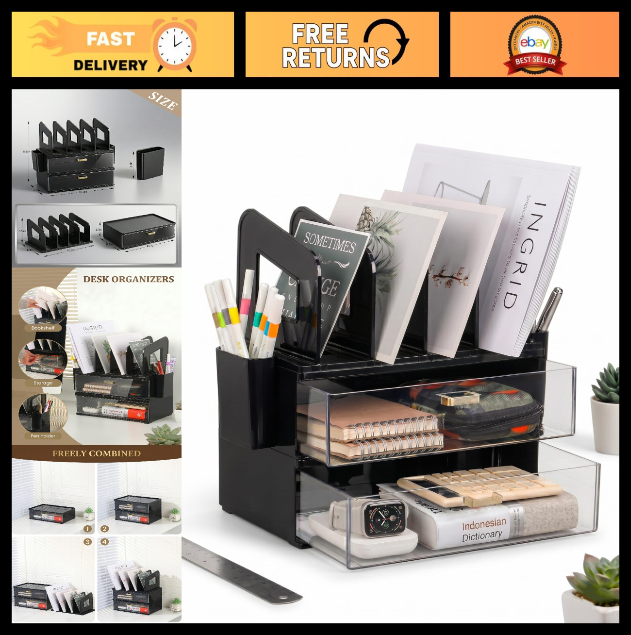 Multi-Functional Acrylic Desk Organizer with Drawer & Vertical File Holder, Blac