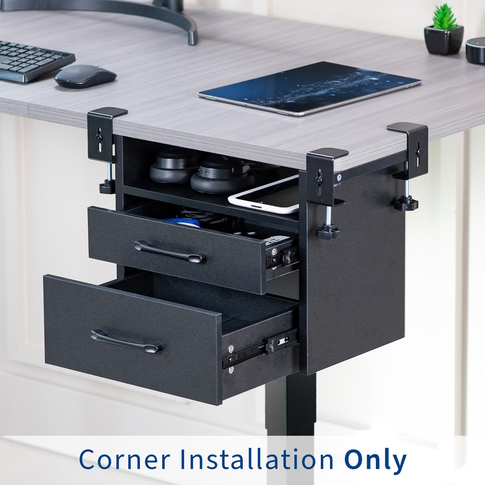 VIVO Black Corner Clamp-on Desk Drawer & Shelf System