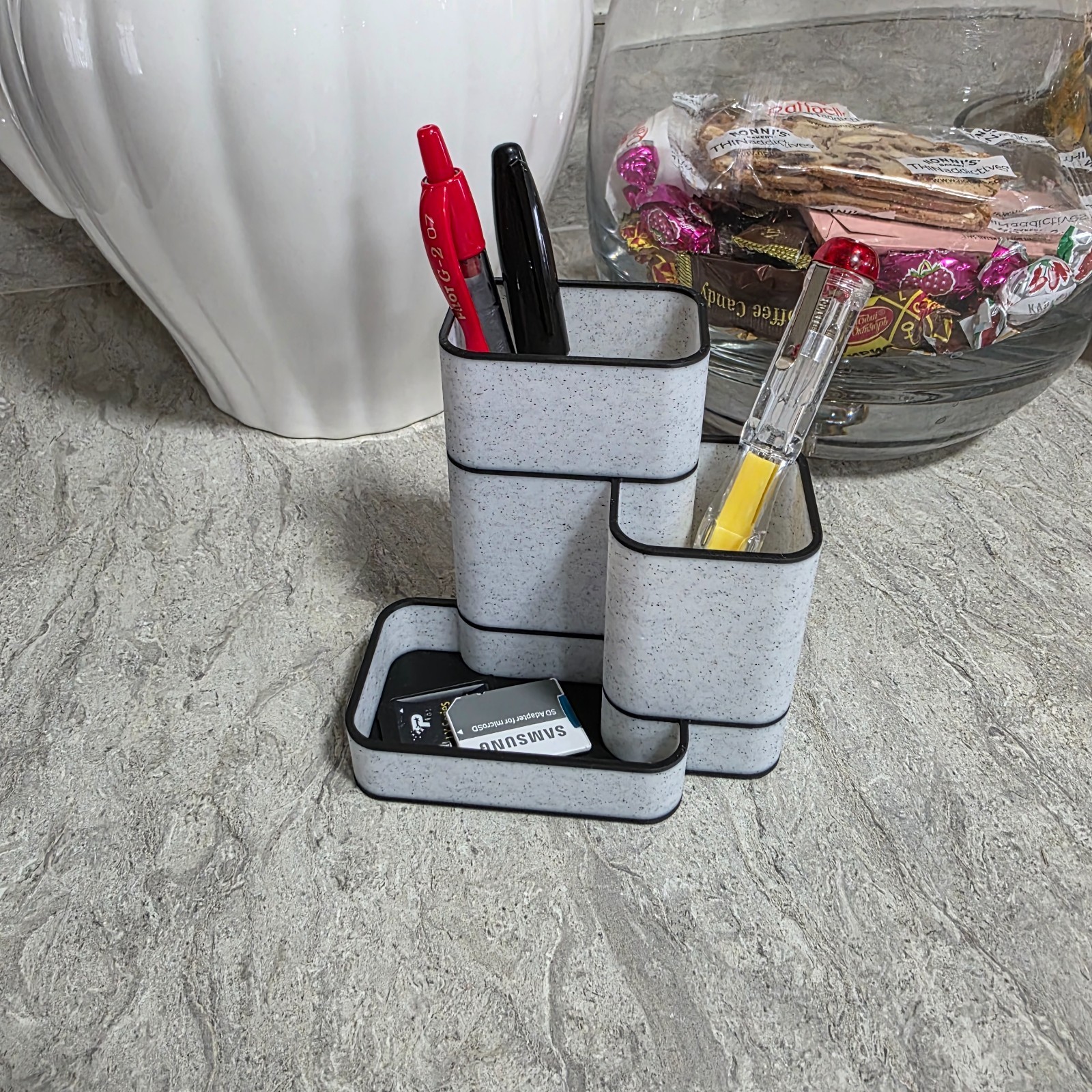 White Marble Desk Organizer / Pen Holder, Office Organizer 3D Printed