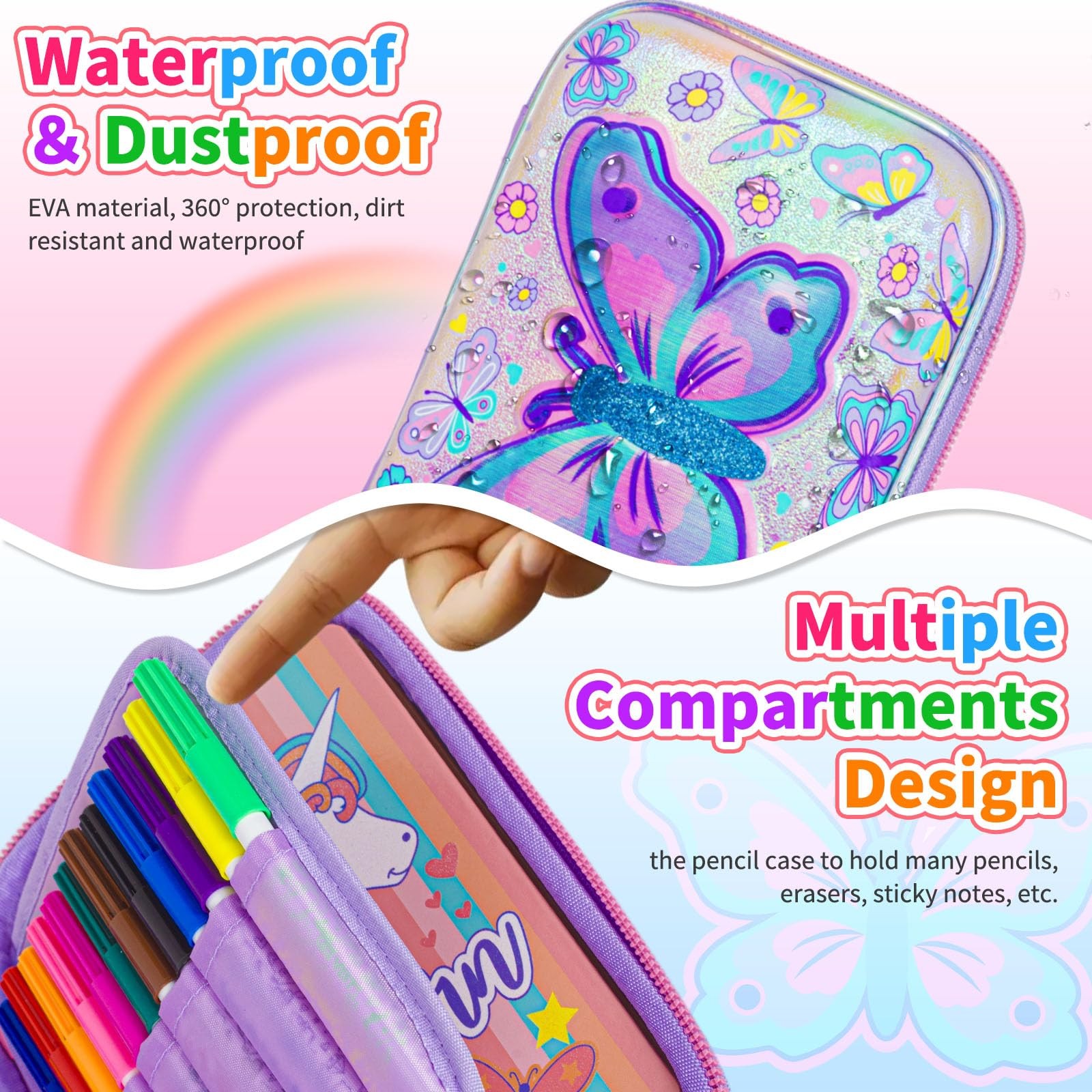 Butterfly Pencil Case Stationery Set for Girls, 3D EVA Big Capacity Cute Penc…