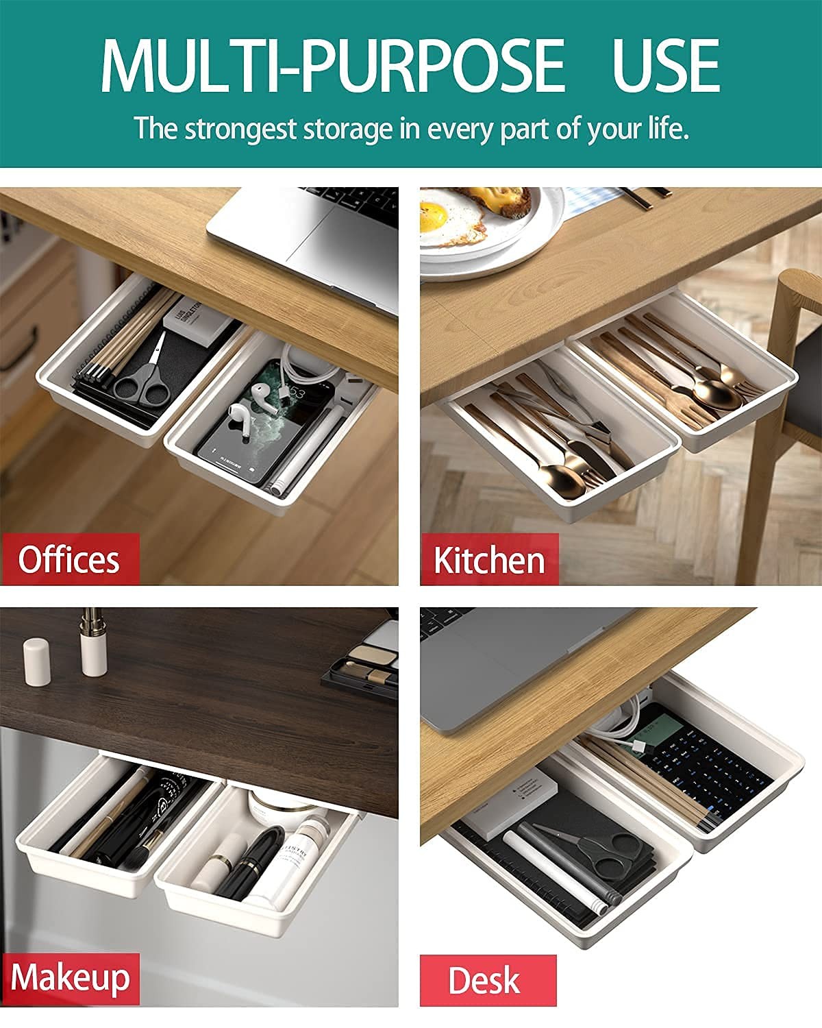 2Pack Under Table Desk Drawer Storage Organizer Slide Out, Hidden Self-Adhesi