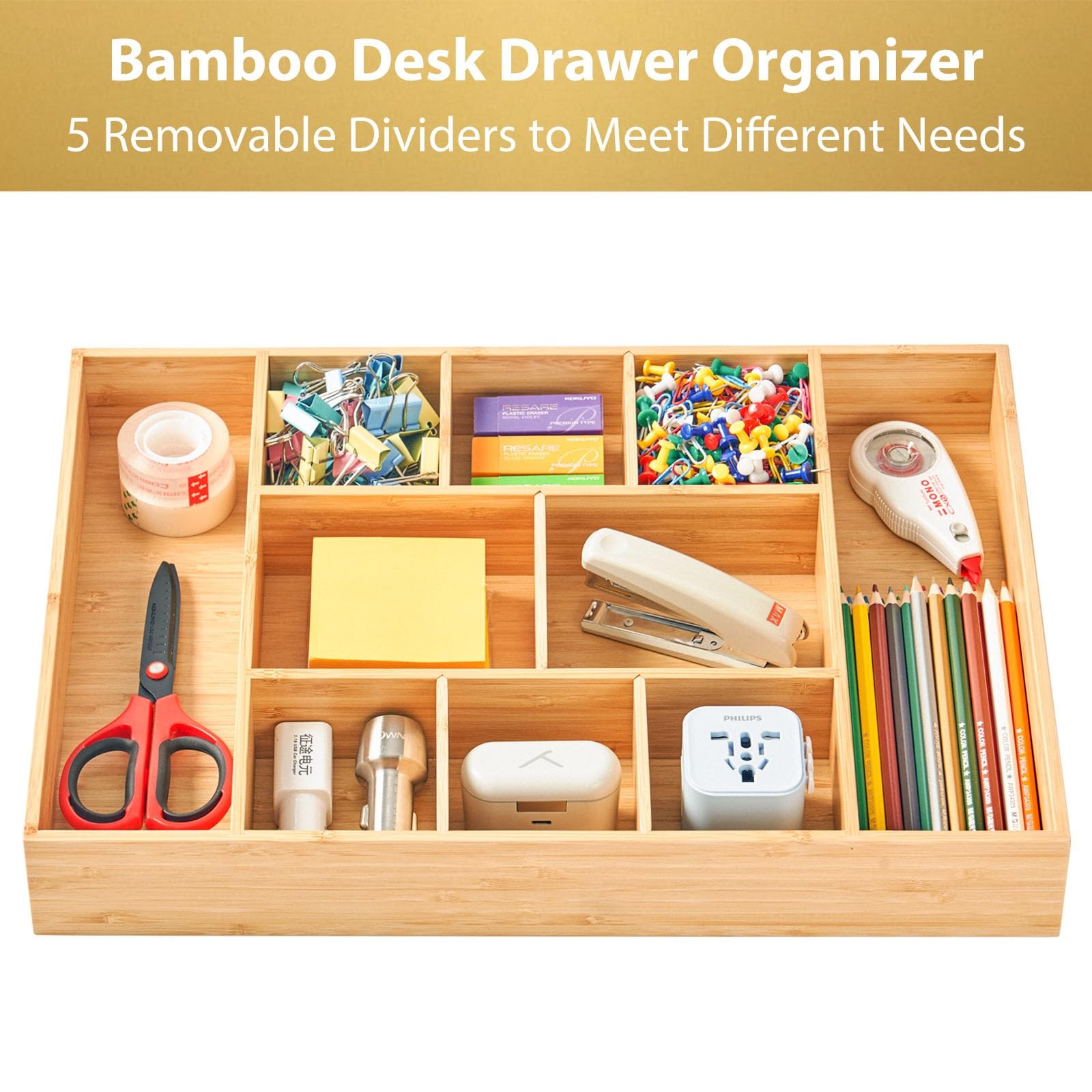 Extra Large Bamboo Desk Drawer Organizer, Wood Junk Organizer Tray with Adjus…