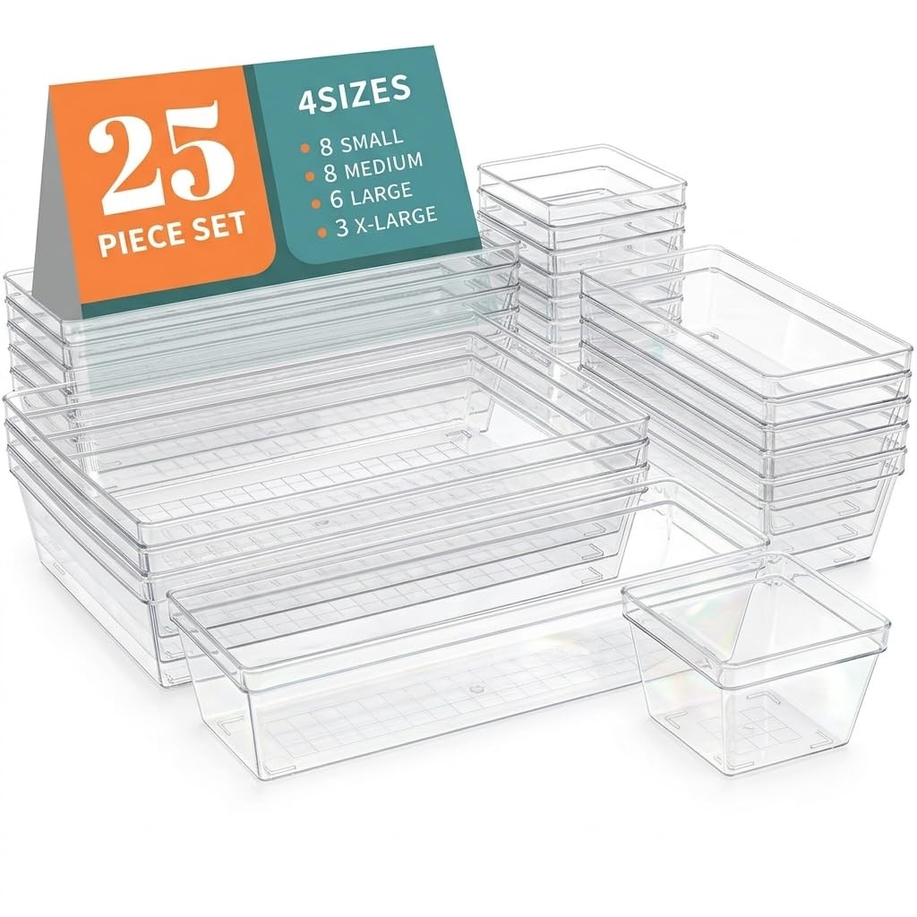 Sodynee Clear Plastic Drawer Organizer Storage – 25Pcs 4 Size Desk Bathroom