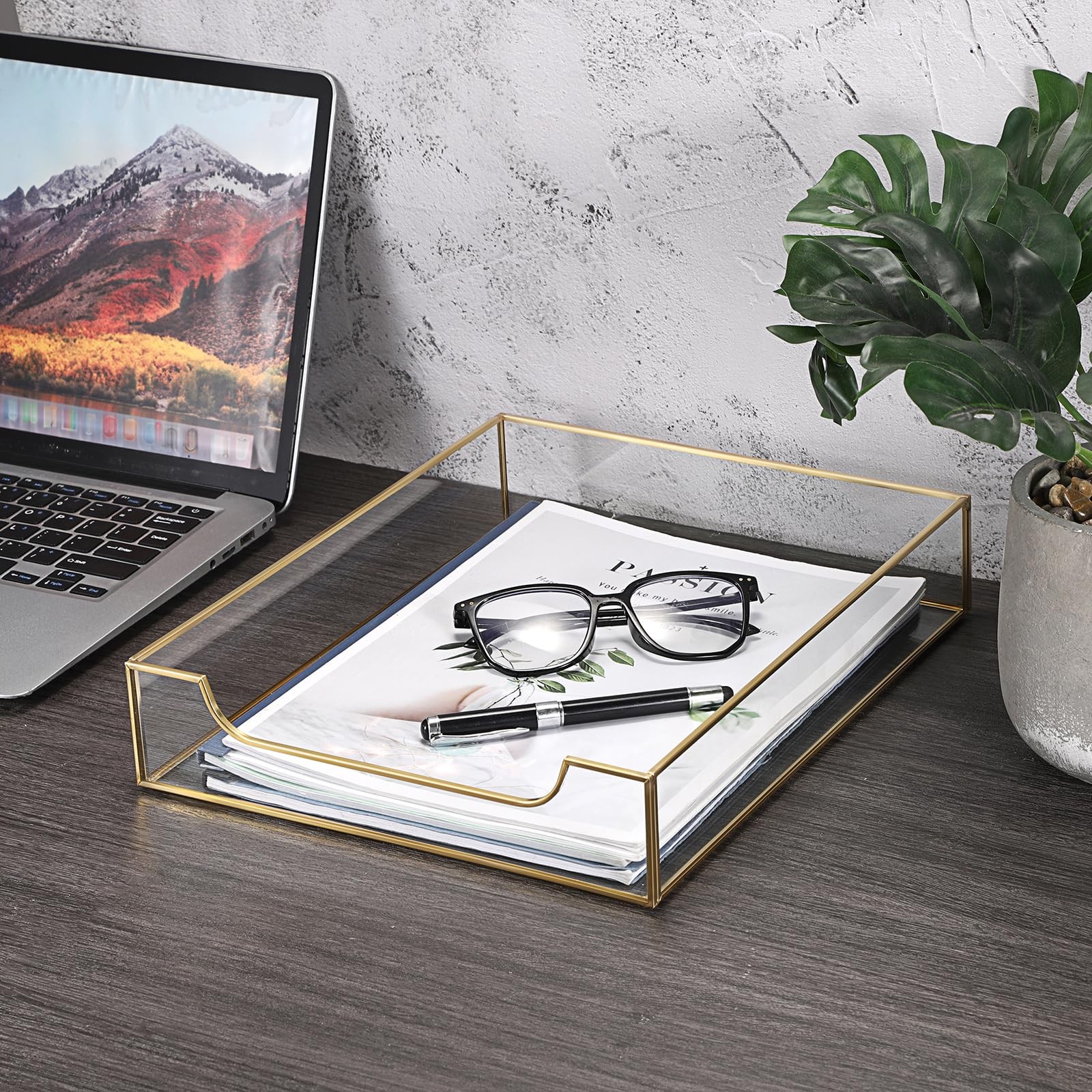 1 Pack Golden Glass Desk Tray, Multi-Purpose Organizer for A4 Paper, Document…