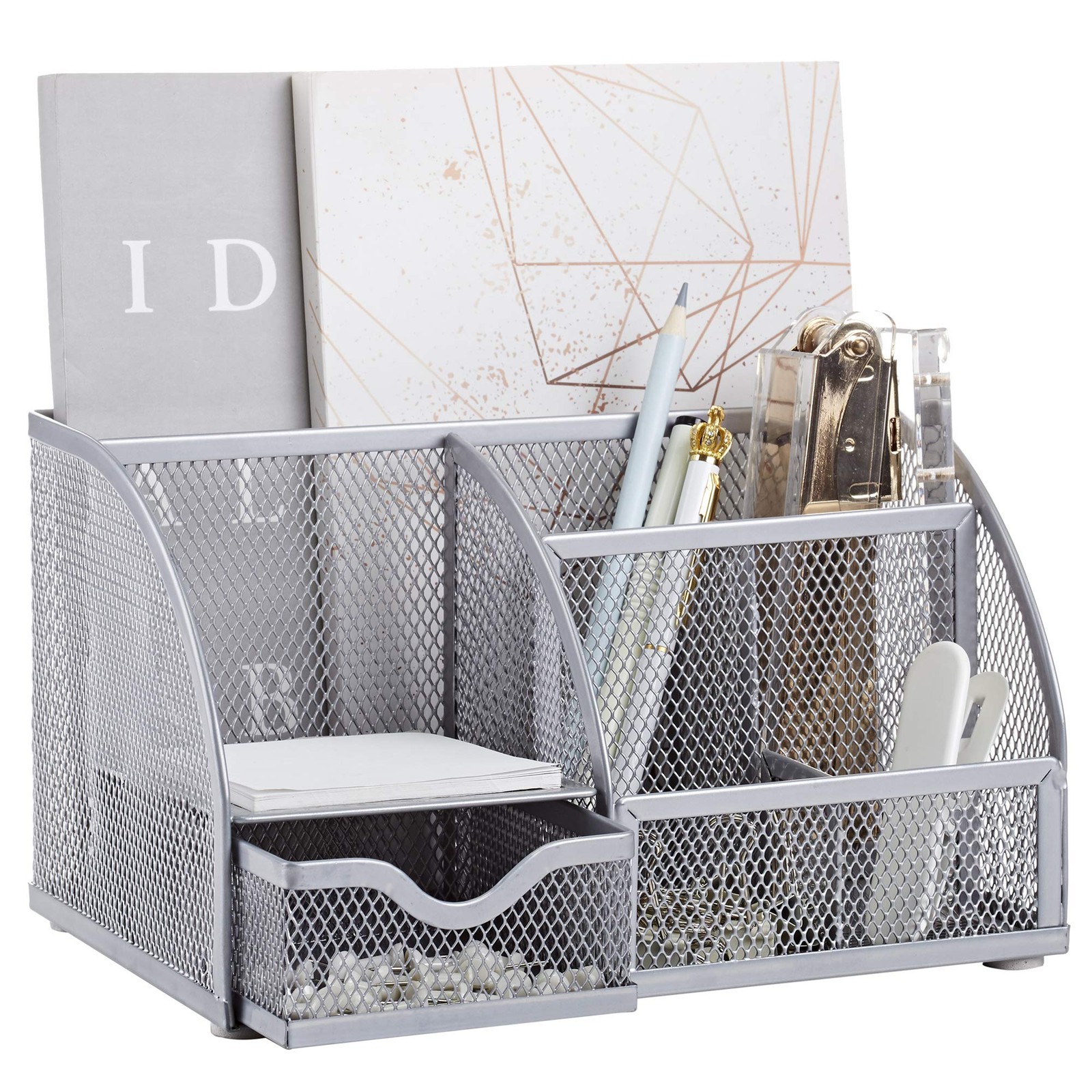 Annova Mesh Desk Organizer Office with 7 Compartments + Drawer/Desk Silver