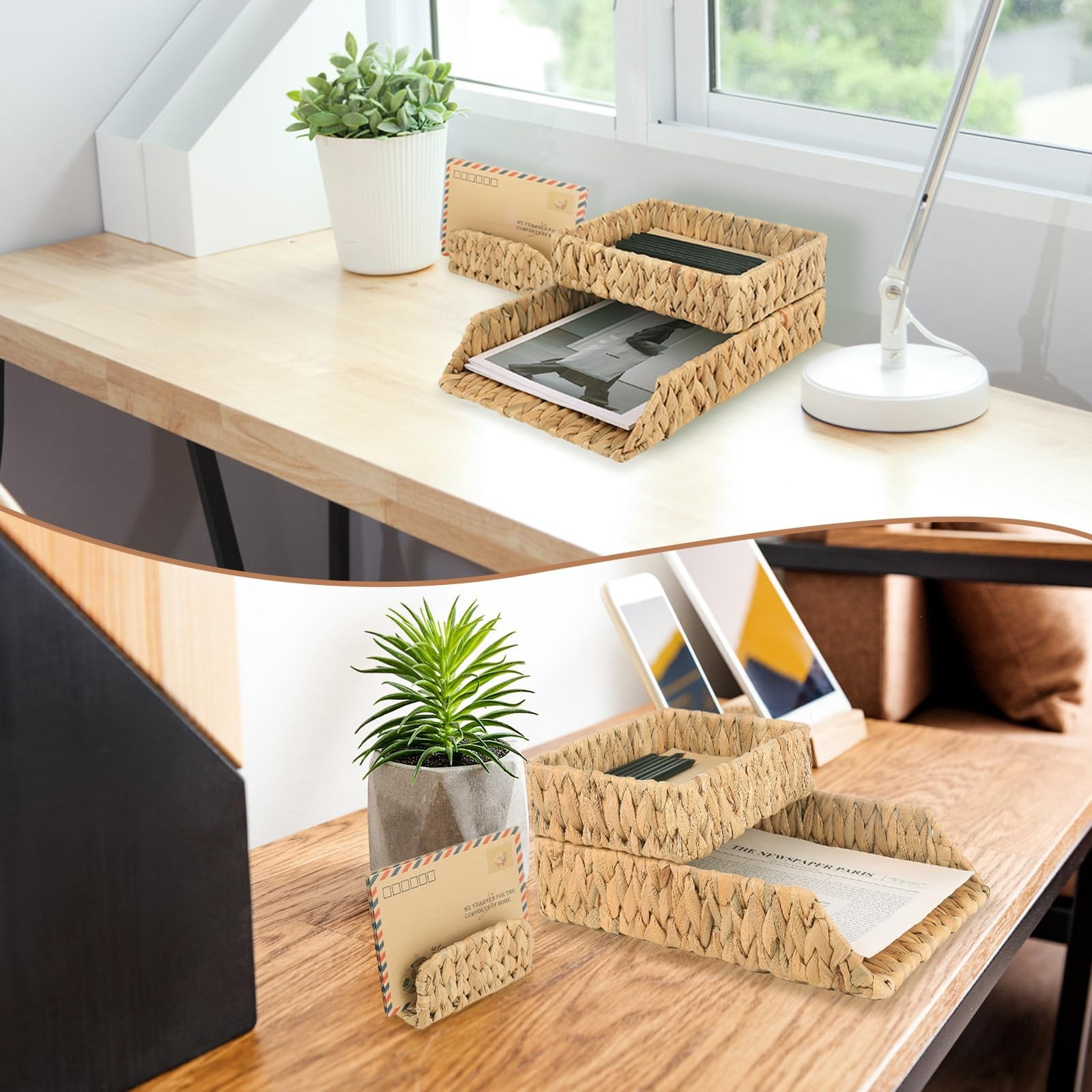 Woven Desk Organizer Letter Tray Set of 3, Water Hyacinth Paper Baskets for O…