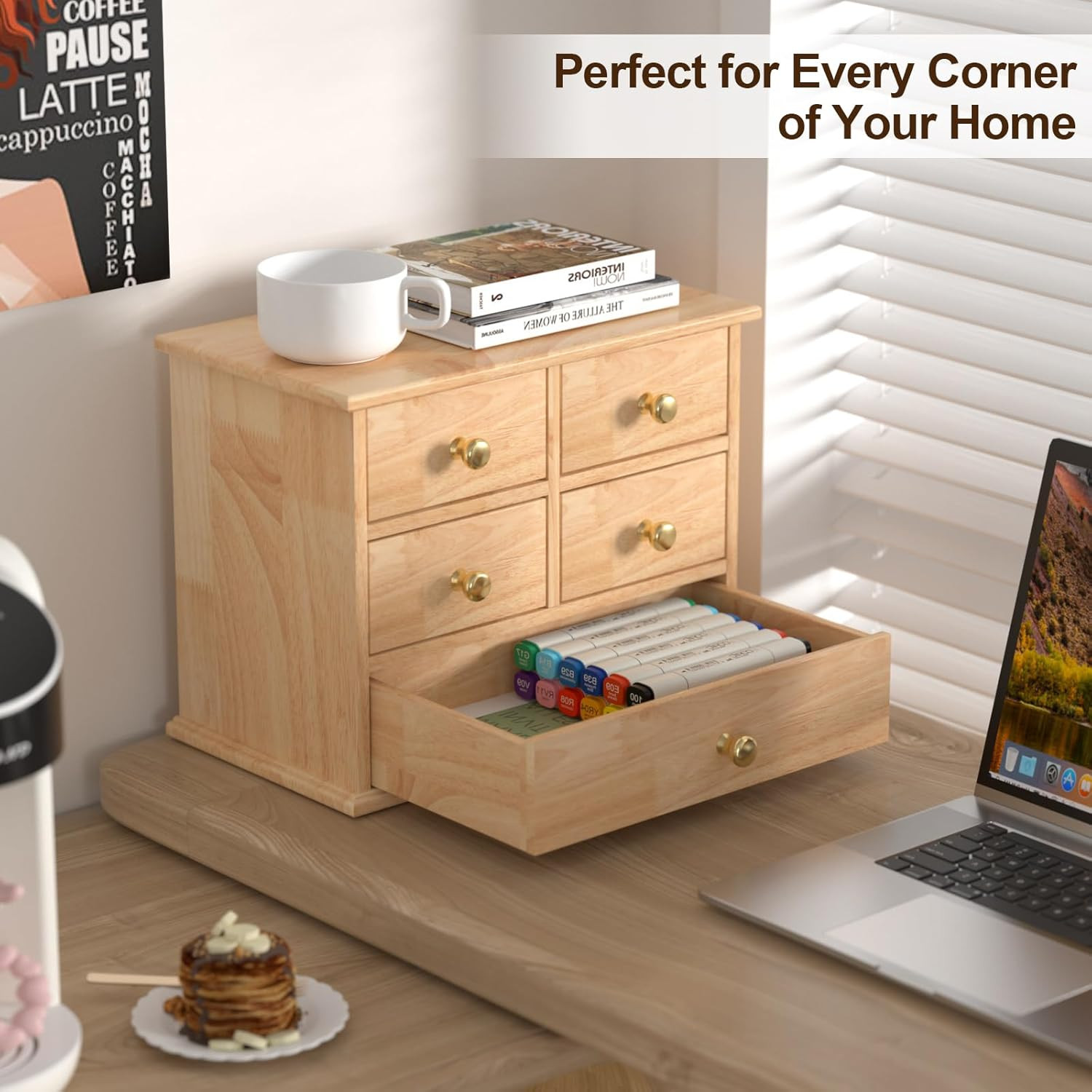 Oak Desk Organizer with Drawers, Wooden Desktop Storage Box with Metal Handles &