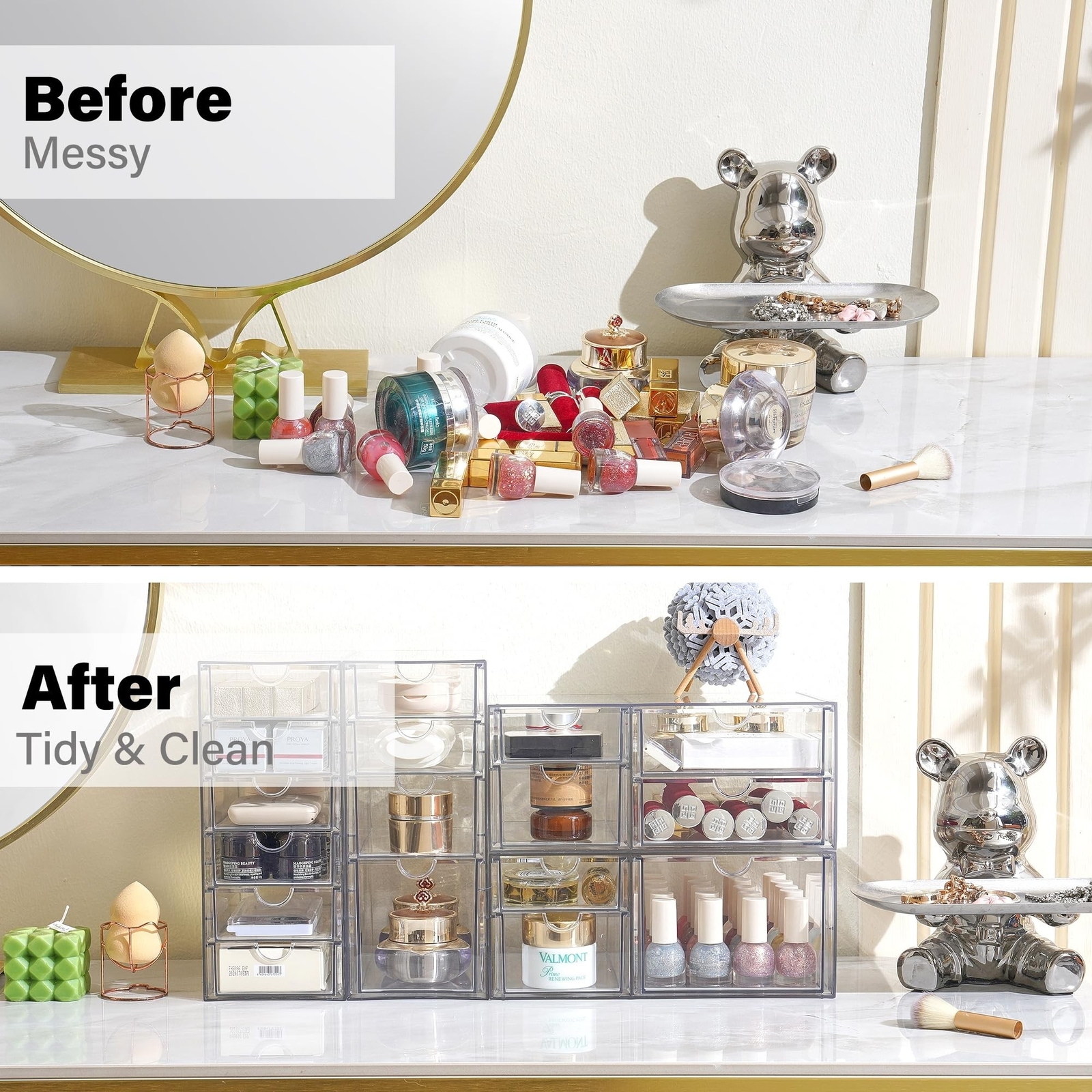 Prsildan Acrylic Drawer Organizer with 17 Drawers, Craft Office Desk Makeup O…