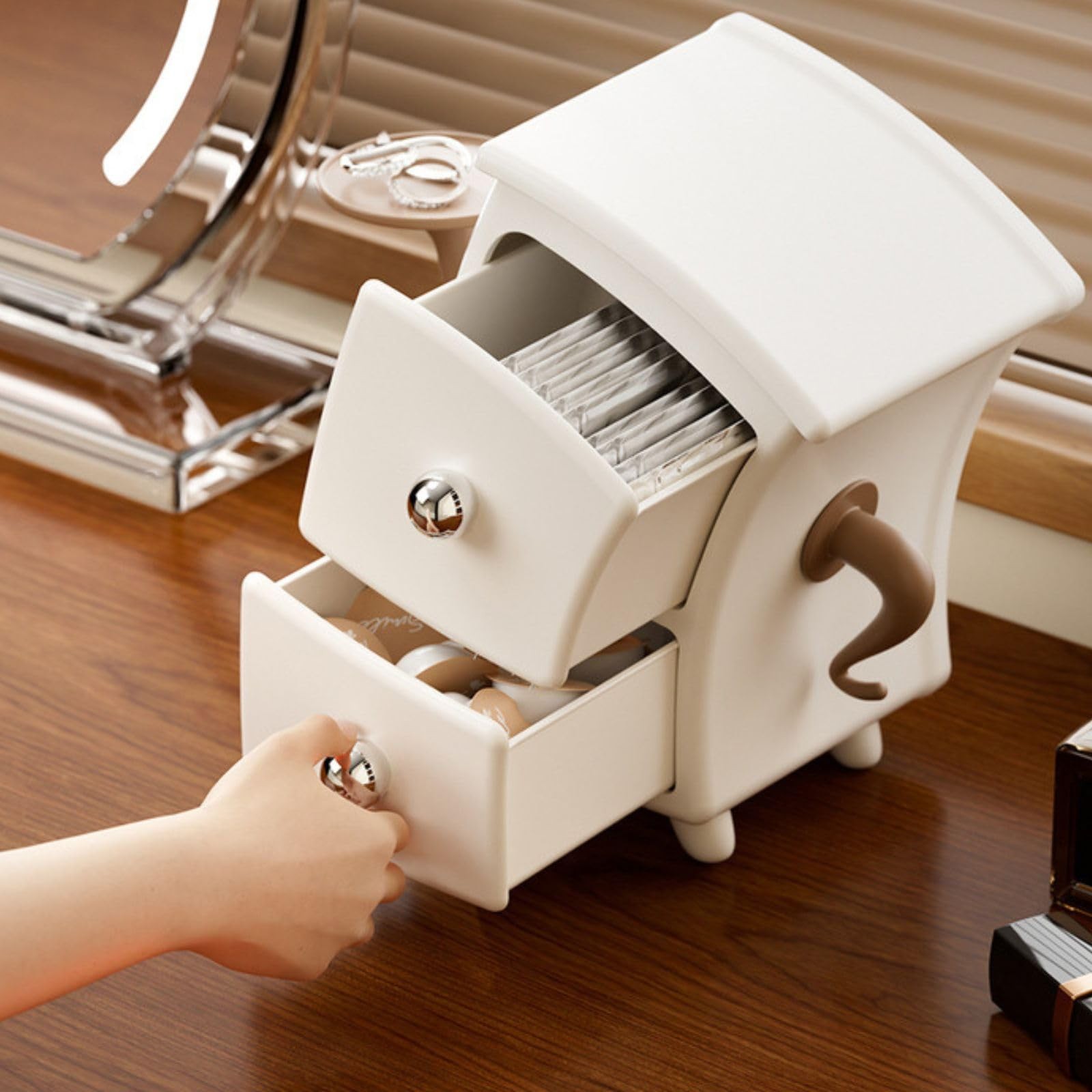 Plastic Desktop Organizer with Knob for Home Office, Dresser Decorative White