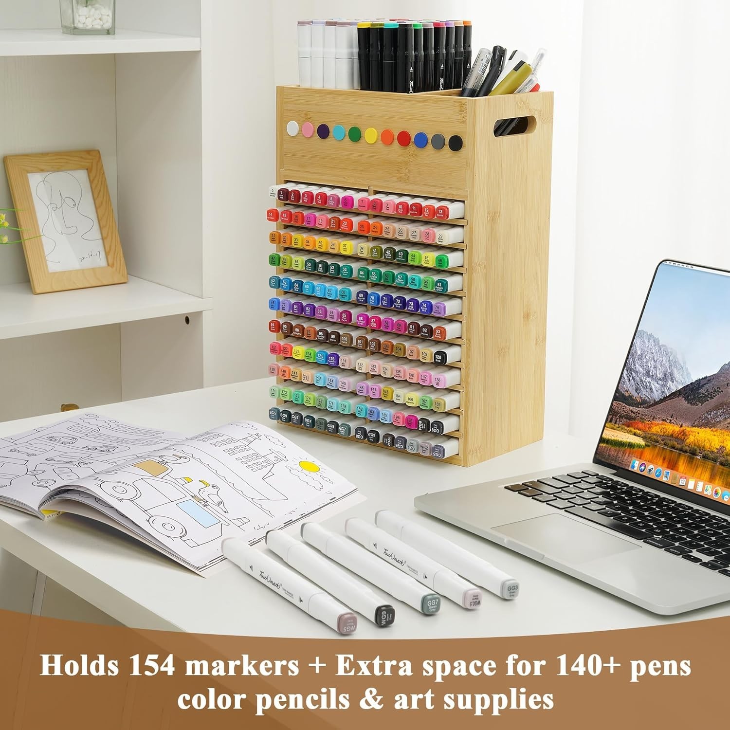 Marker Organizer for Desk – 154 Capacity Wooden Marker Holder – Ergonomic Han…