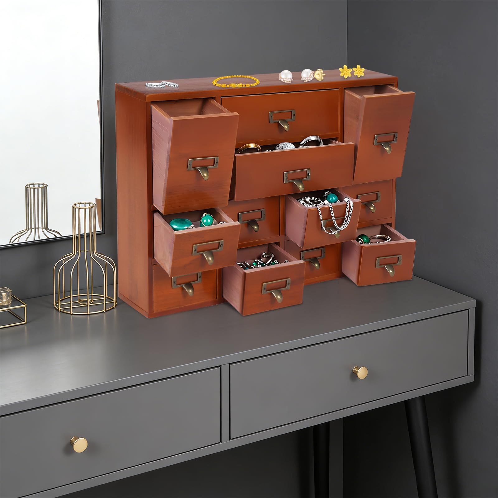 12 Drawer Storage Box Desktop Organizer 3 Size Office Cosmetics Jewelry Brown