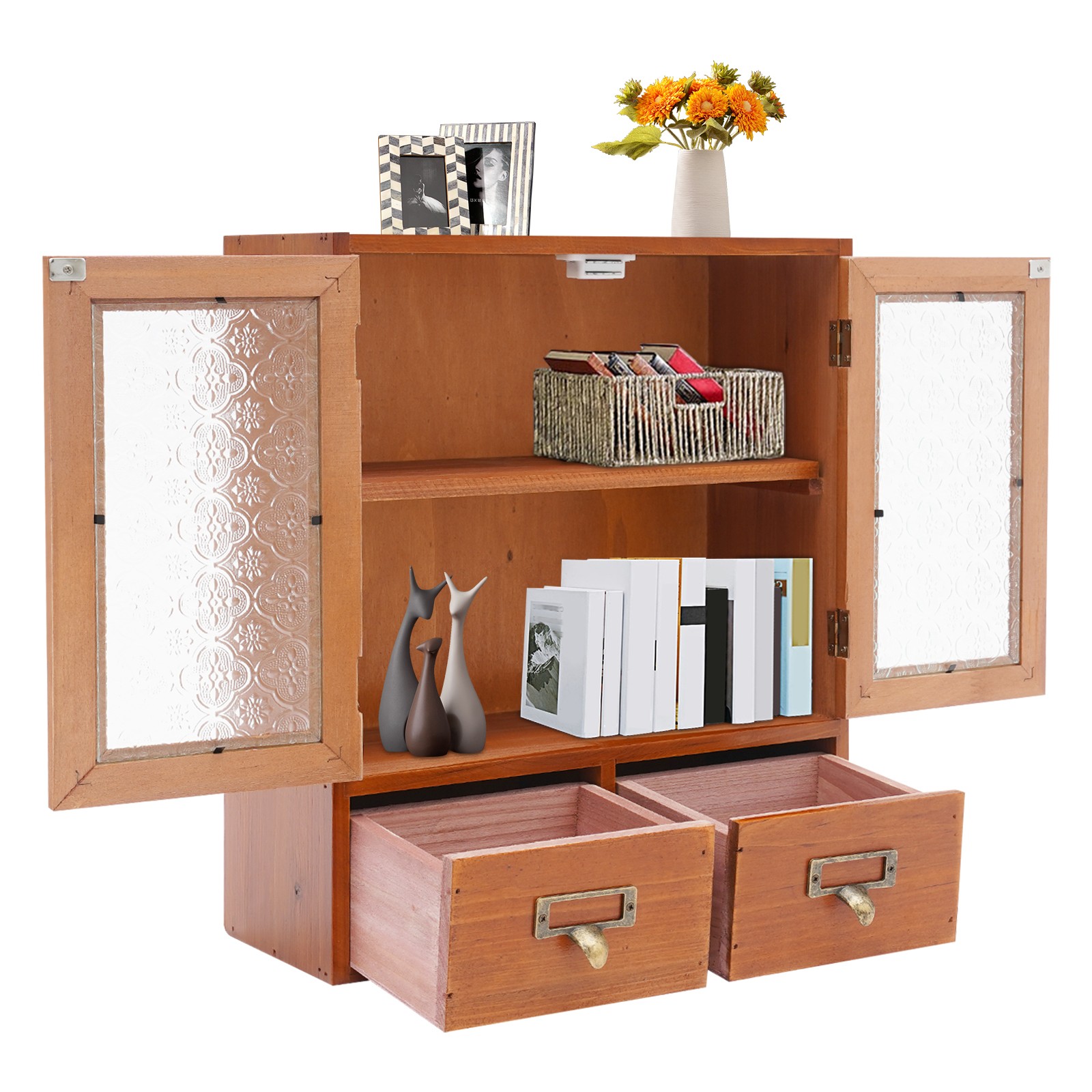 Vintage Tabletop Organizer with 2 Drawers & Glass Door Storage Cabinet Brown