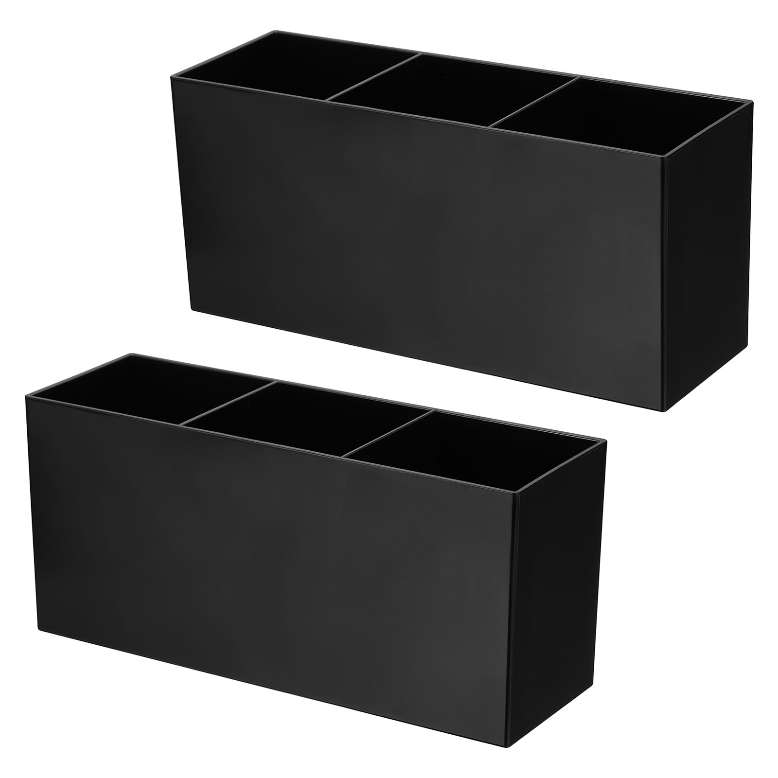 3 Compartments Clear Acrylic Pen Holder Pencil Holder Organizer Cup, Black 2pcs