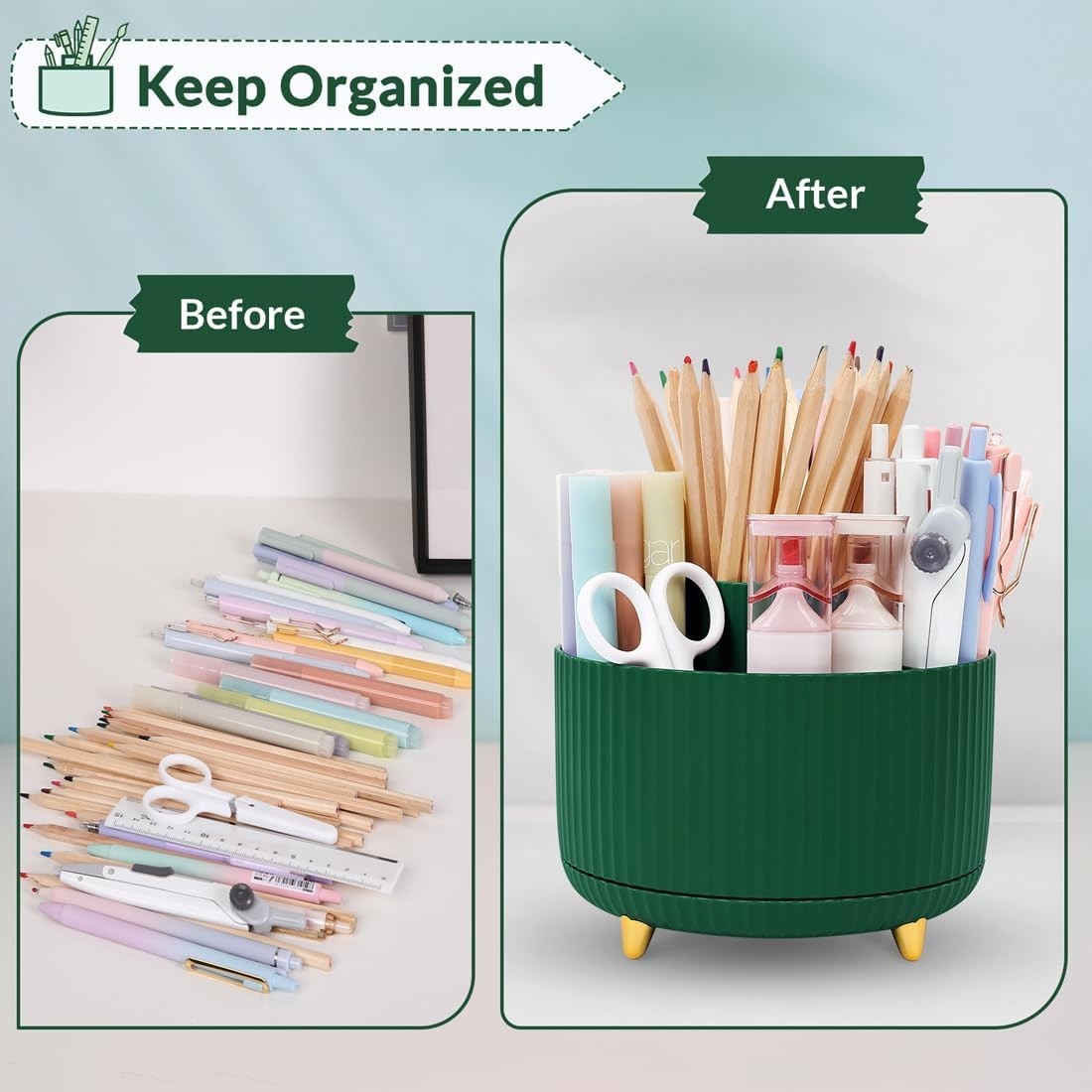 Dark Green 5-Compartment Rotating Desk Organizer for Office & Art Supplies